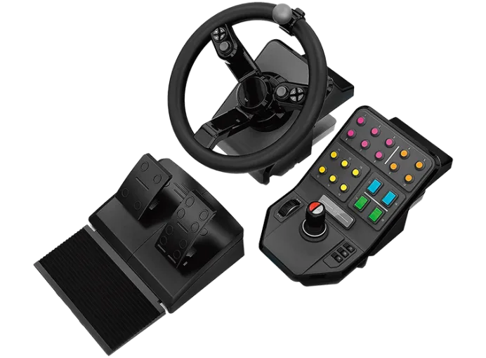Volant de jeu noir, pédales et un panneau de contrôle avec boutons et un joystick.