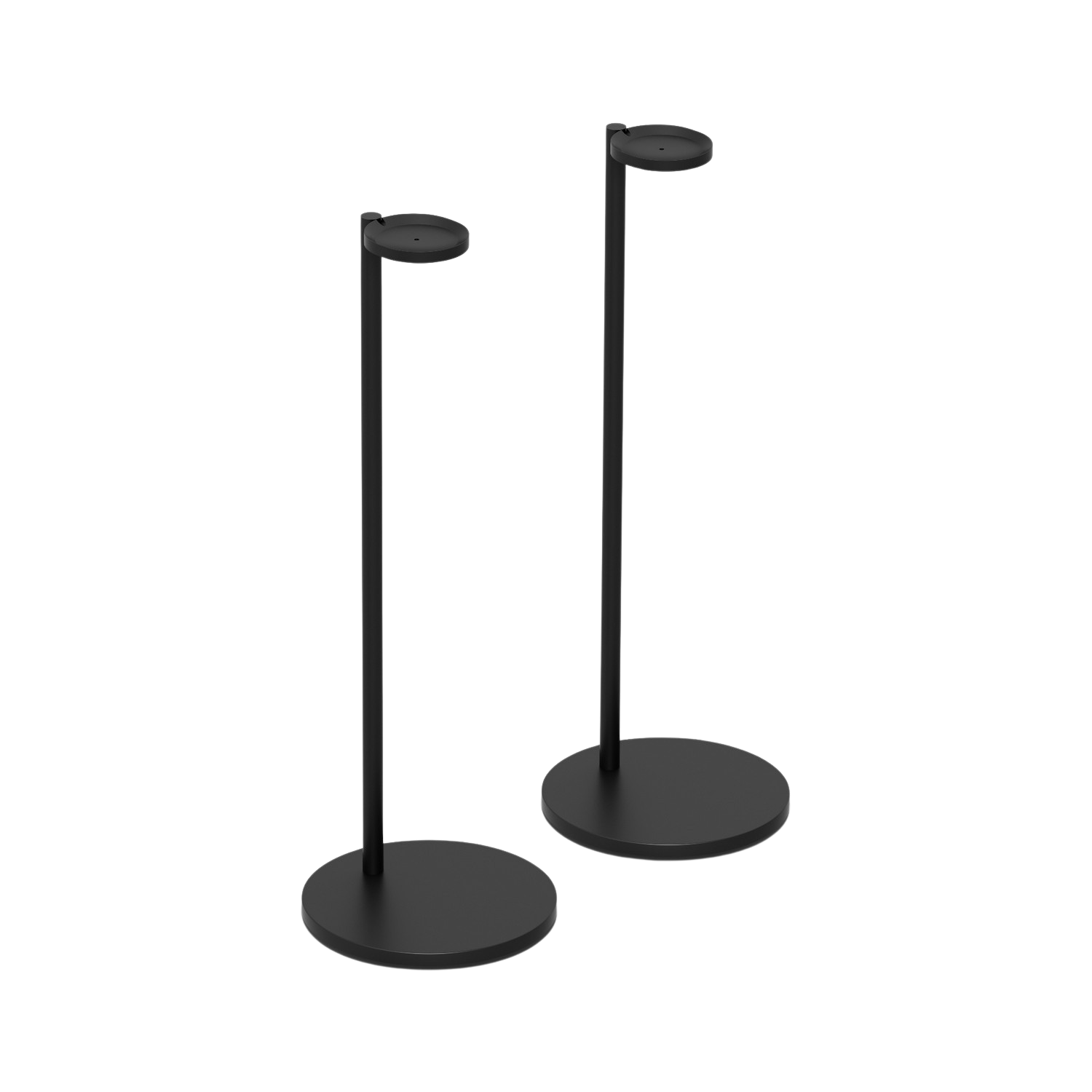 Deux supports d'enceintes noirs sur fond blanc. Les deux sont grands avec une base circulaire et un sommet plat.