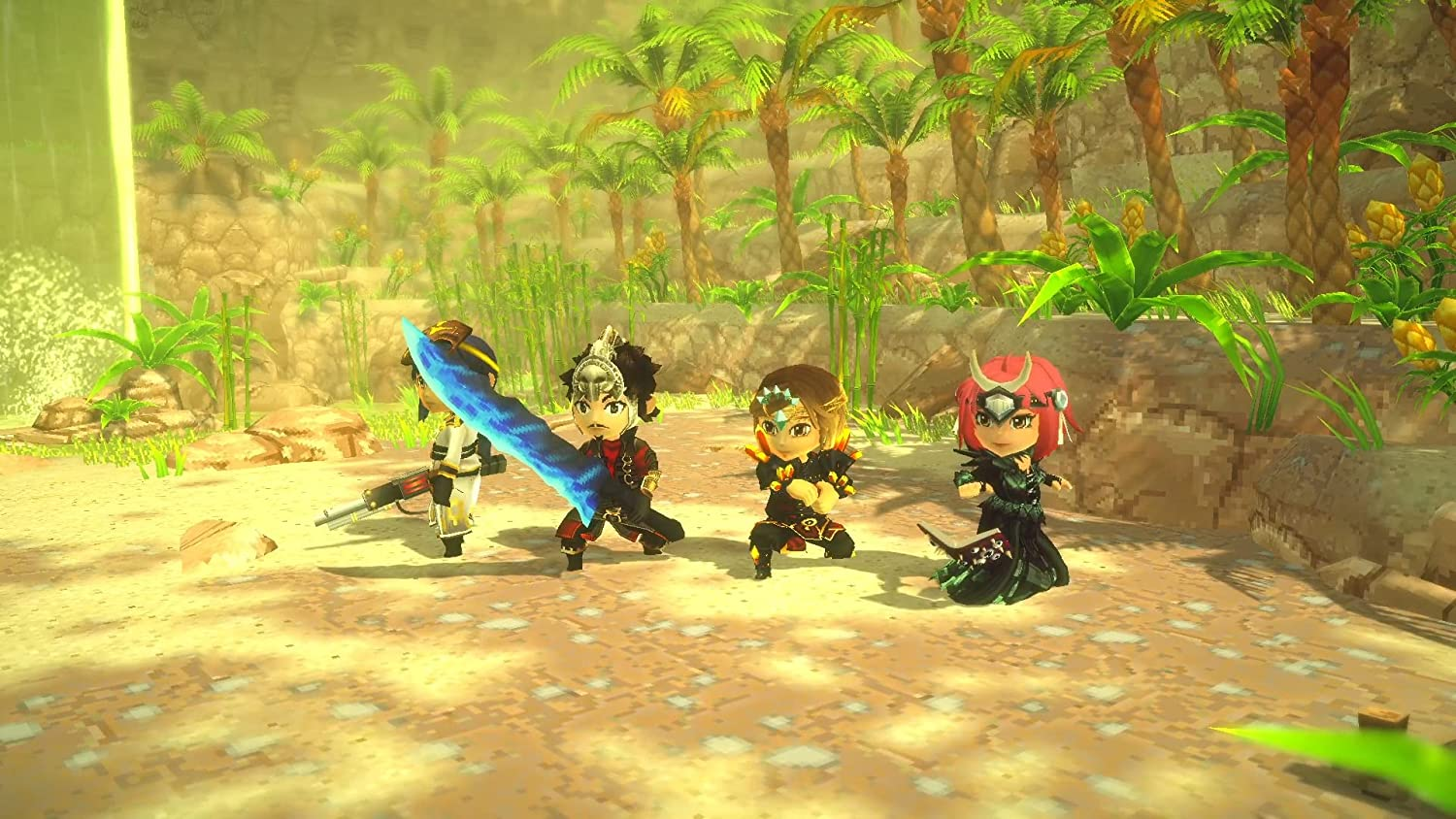 Cuatro personajes chibi con armas de pie en un entorno soleado y tropical.