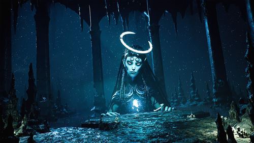 Una imagen de arte digital de una mujer con un halo, en un entorno oscuro y cavernoso.