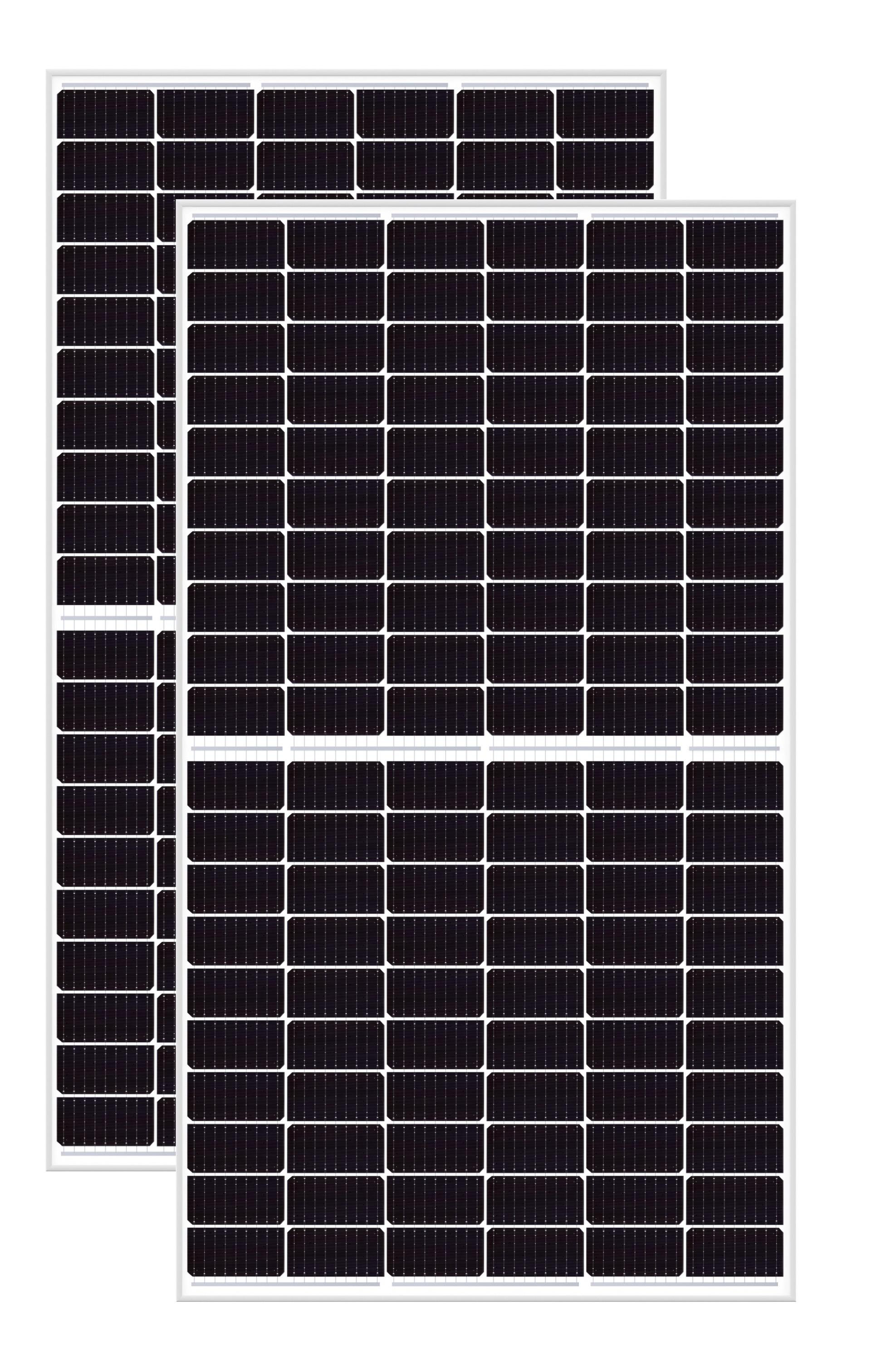 Zwei rechteckige Sonnenkollektoren mit schwarzen Zellen und weißen Rahmen werden aus der Nähe gezeigt.