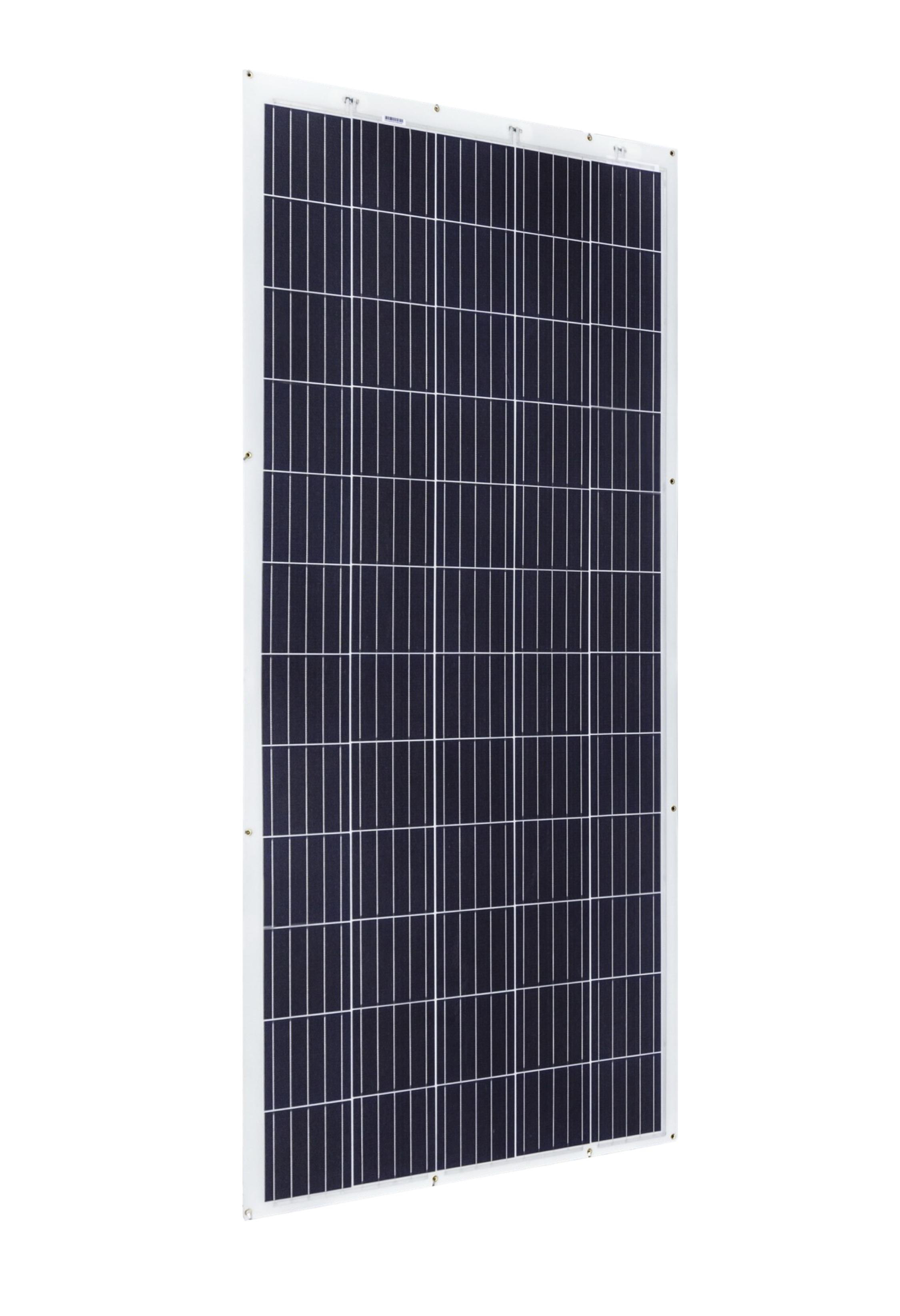 Sonnenkollektor mit weißem Rahmen, vielen dunkelblauen Zellen und weißen Linien.