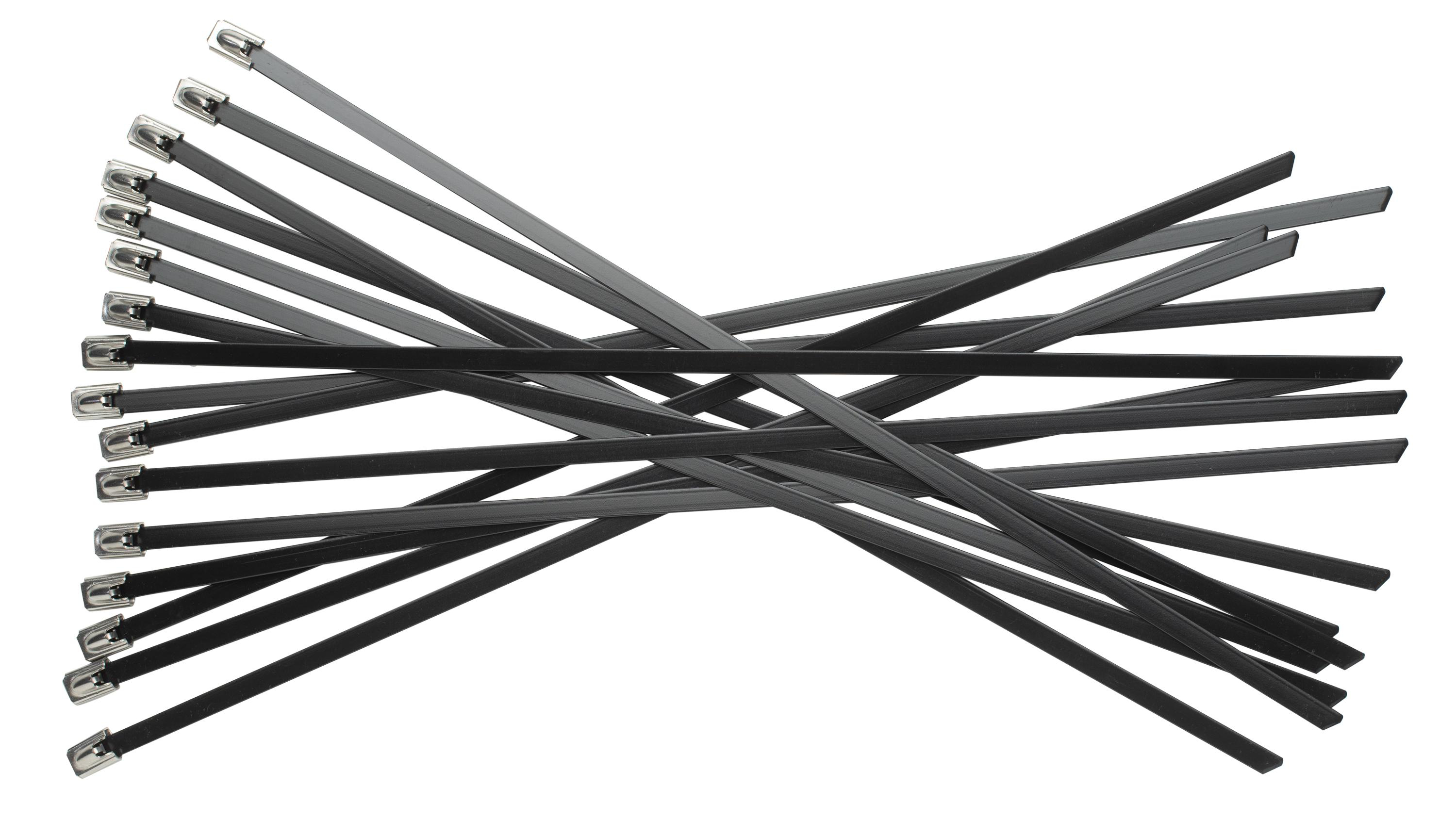 Schwarze Kabelbinder kreuzen sich. Die Binder haben Metallverriegelungsmechanismen.