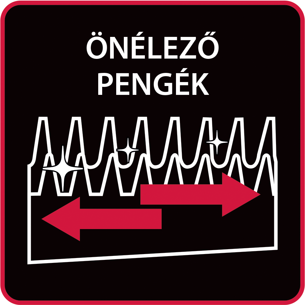 Egy tábla önélező pengéket és piros nyílakat ábrázoló dizájnnal.