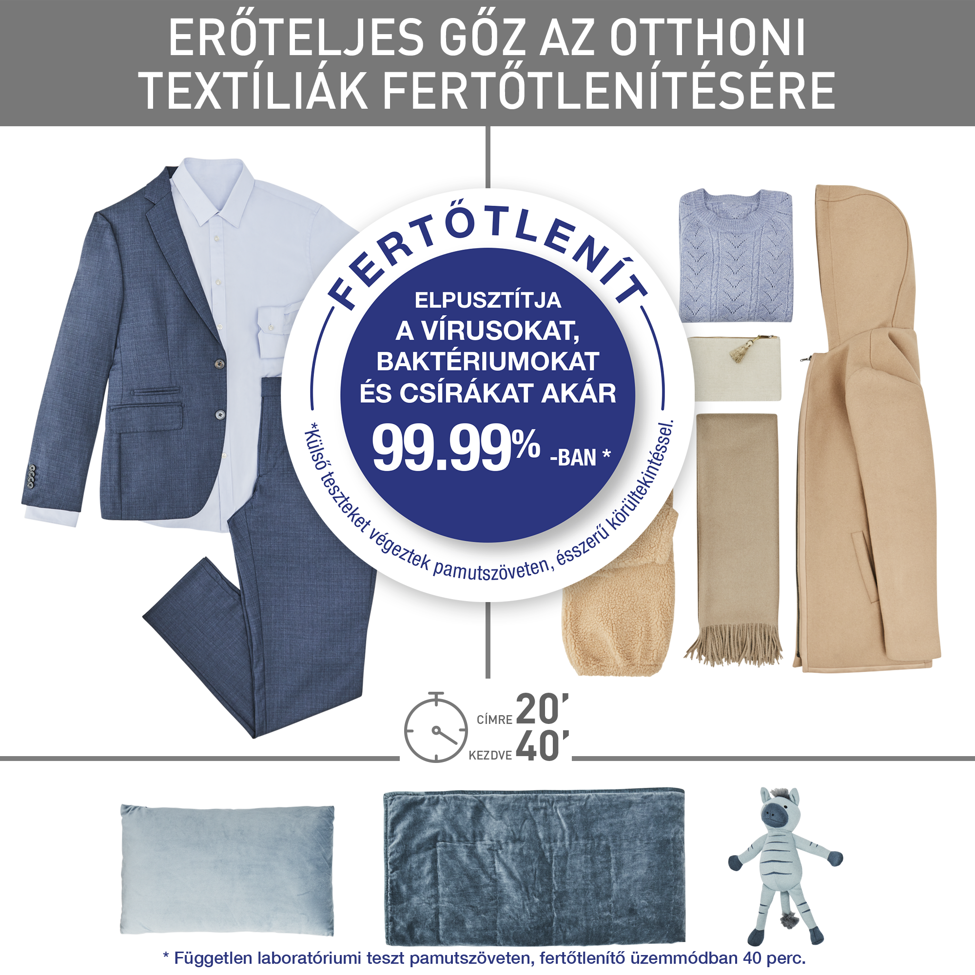 Kép ruhákkal és háztartási textíliák fertőtlenítésére szolgáló elemekkel, 99,99%-os antibakteriális hatással.