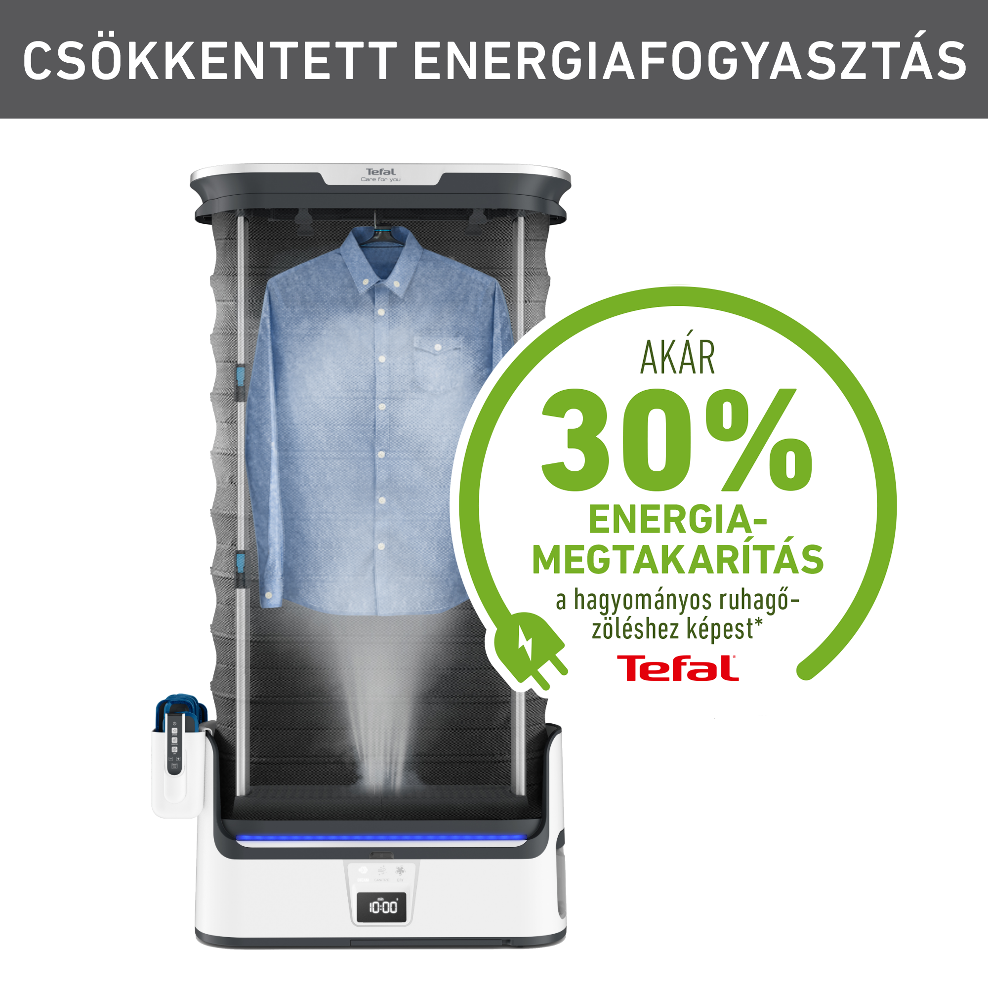 Fehér-fekete ruhagőzölő kék inggel. Energiatakarékosságot hirdet.