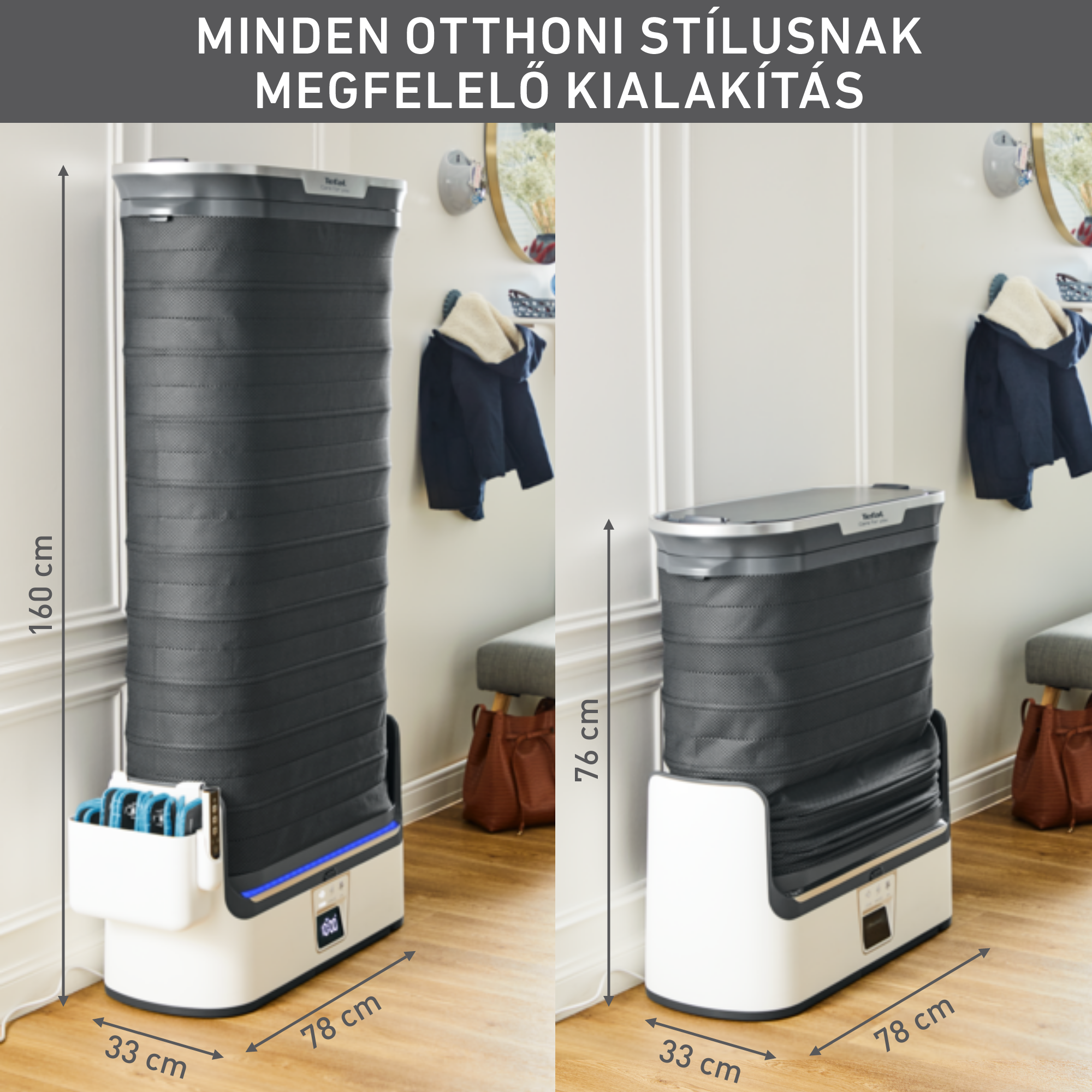 Két magas, összecsukható tárolóegység a folyosón, méretekkel. Fehér alap, fekete test.