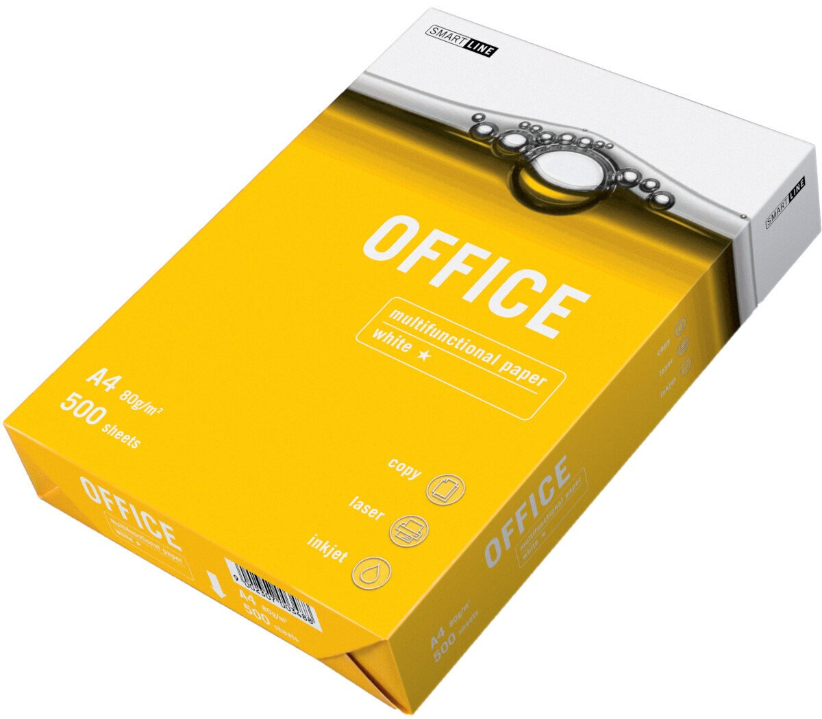 Pudełko papieru biurowego, żółte i białe. Pudełko ma kształt prostokąta.