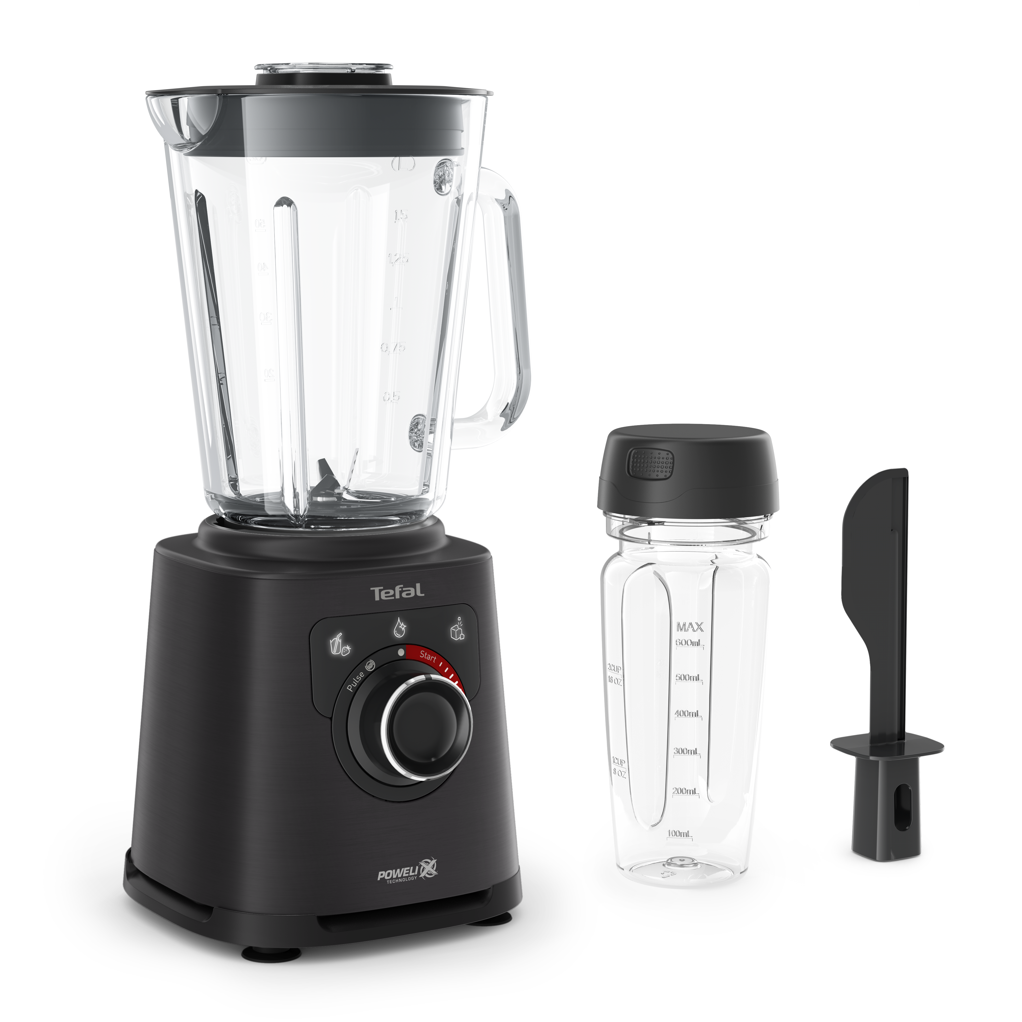 Fekete-ezüst Tefal Powelix turmixgép mérőpohárral és spatulával.