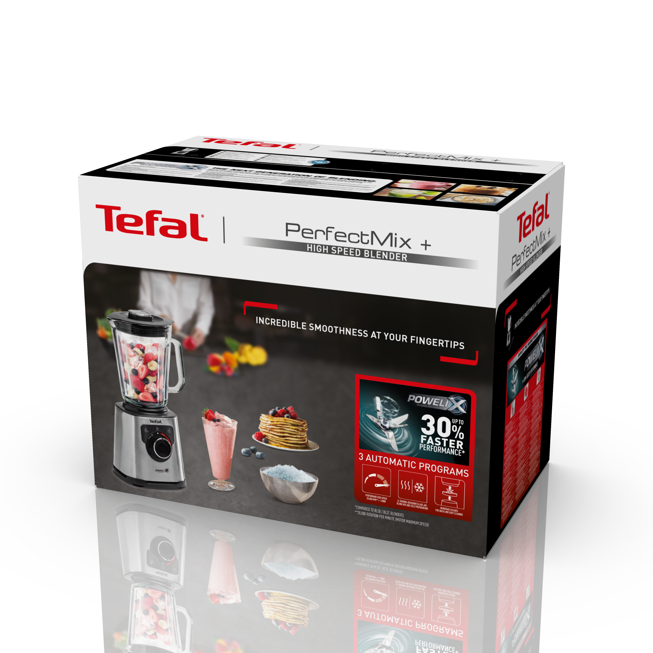 Tefal turmixgép doboza, a termék képével és receptmintákkal.