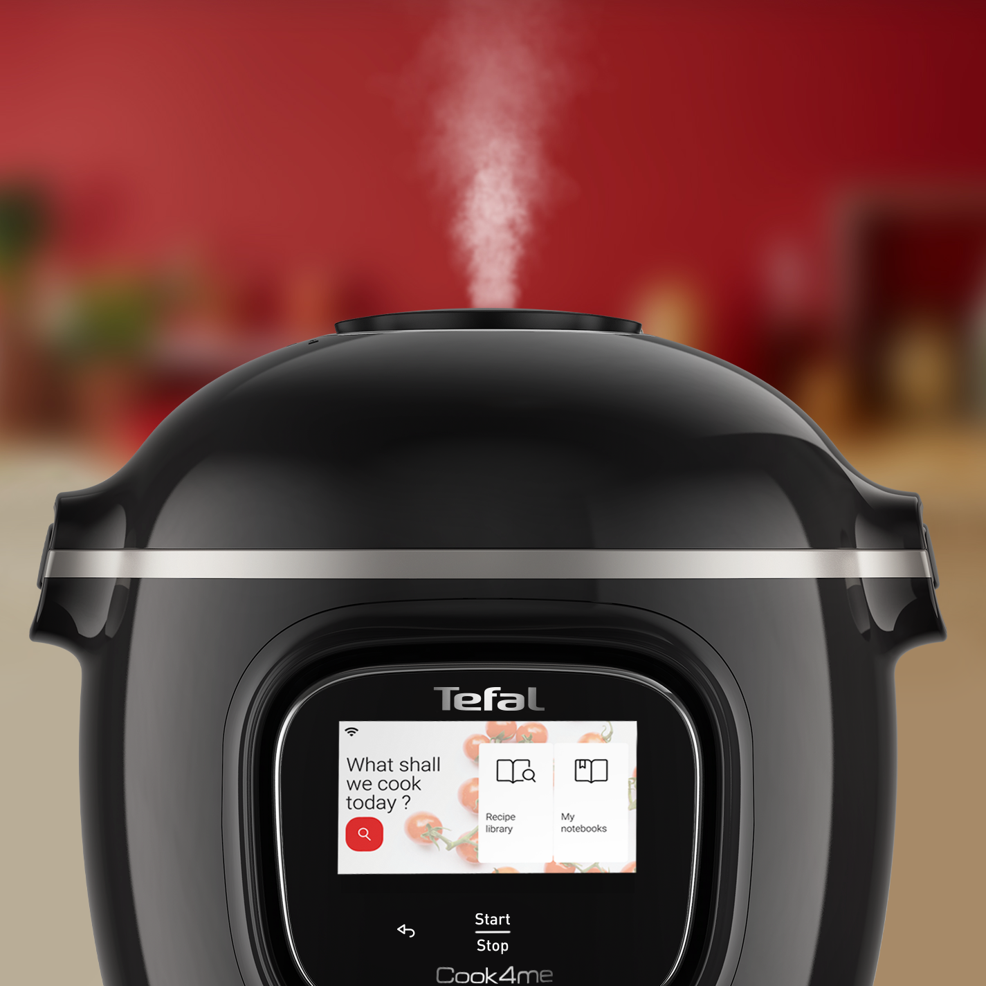 Fekete Tefal Cook4me, gőzöl, képernyőn látható opciókkal.