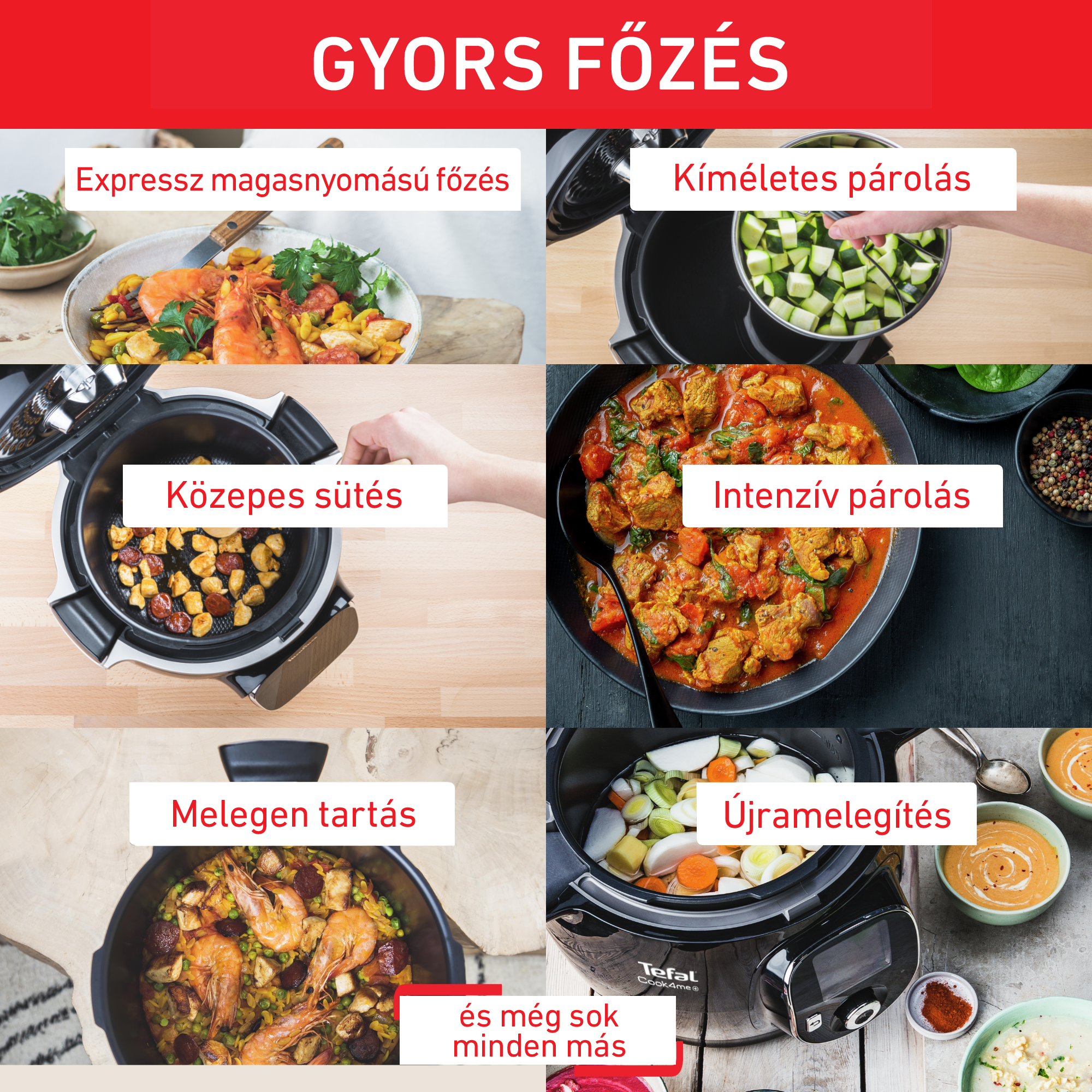 Kép a Tefal főző különböző főzési módjait és funkcióit mutatja.