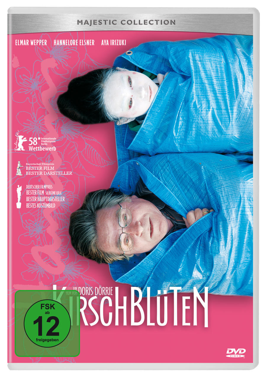 DVD-Cover mit zwei in blauem Plastik eingehüllten Personen, mit dem Titel 'Kirschblüten'.