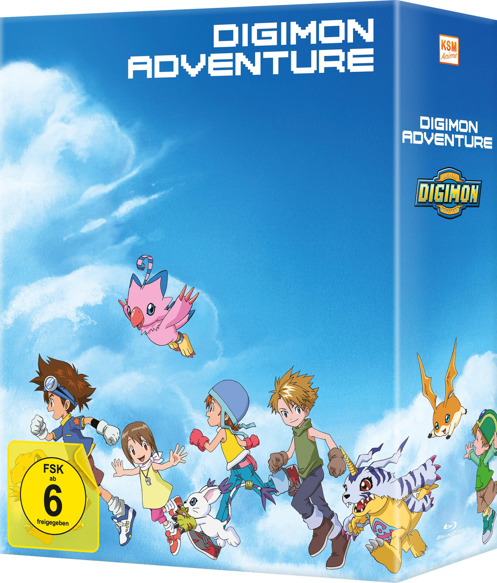 Blu-ray-Box mit dem Titel 'Digimon Adventure' und Bildern von Cartoon-Charakteren. Blauer Hintergrund.