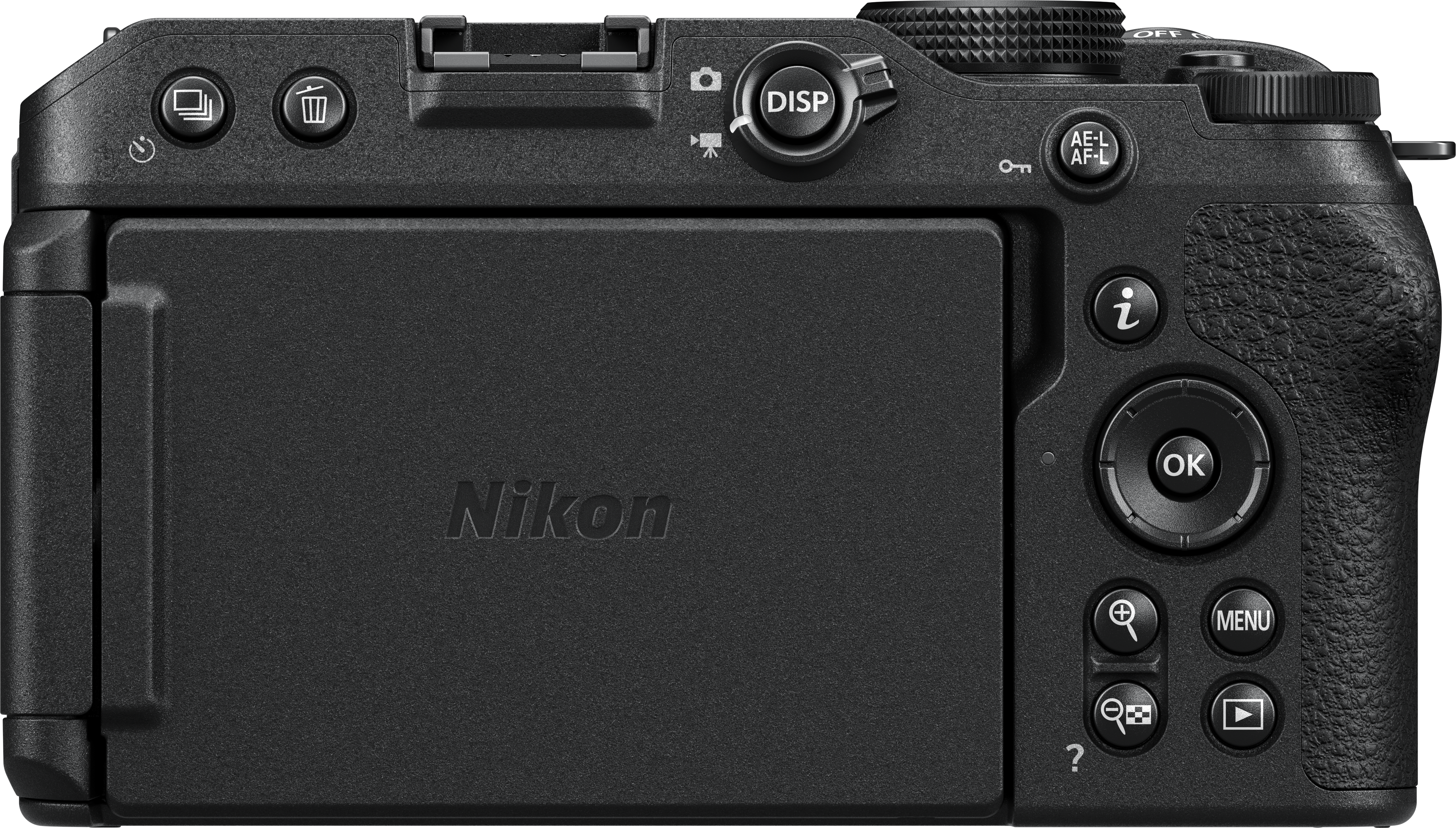 Gros plan sur l'arrière d'un appareil photo Nikon noir, montrant les boutons, l'écran et le logo.