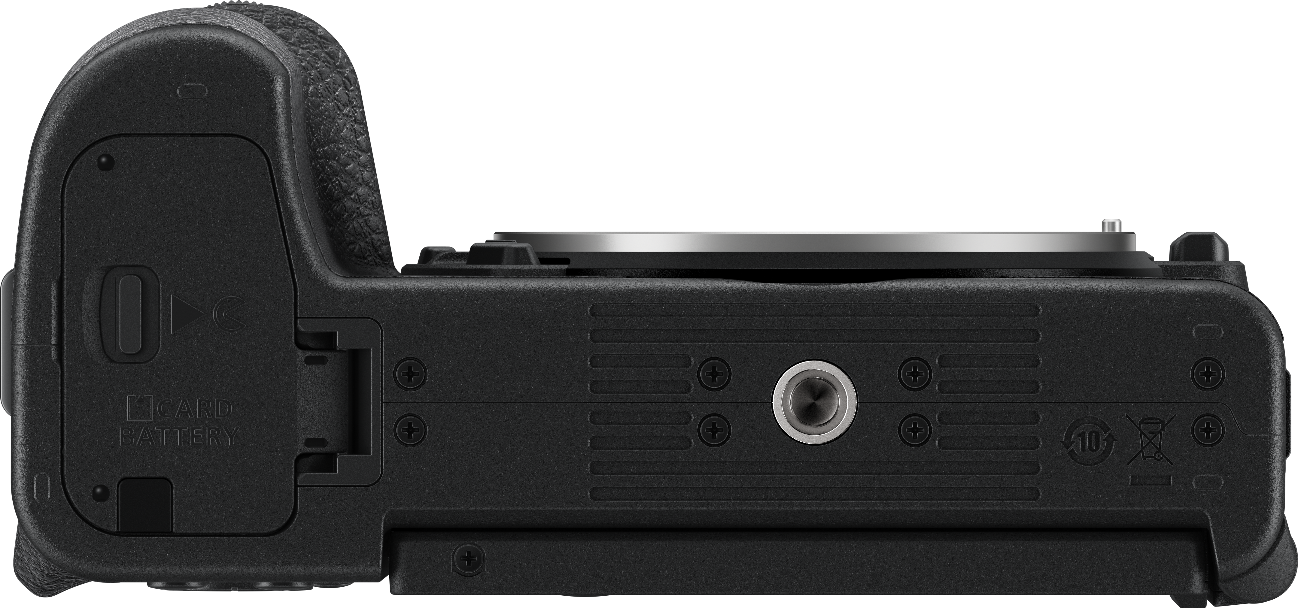 Corps de caméra noir, vue latérale, avec le compartiment de la batterie ouvert et quelques boutons de commande.