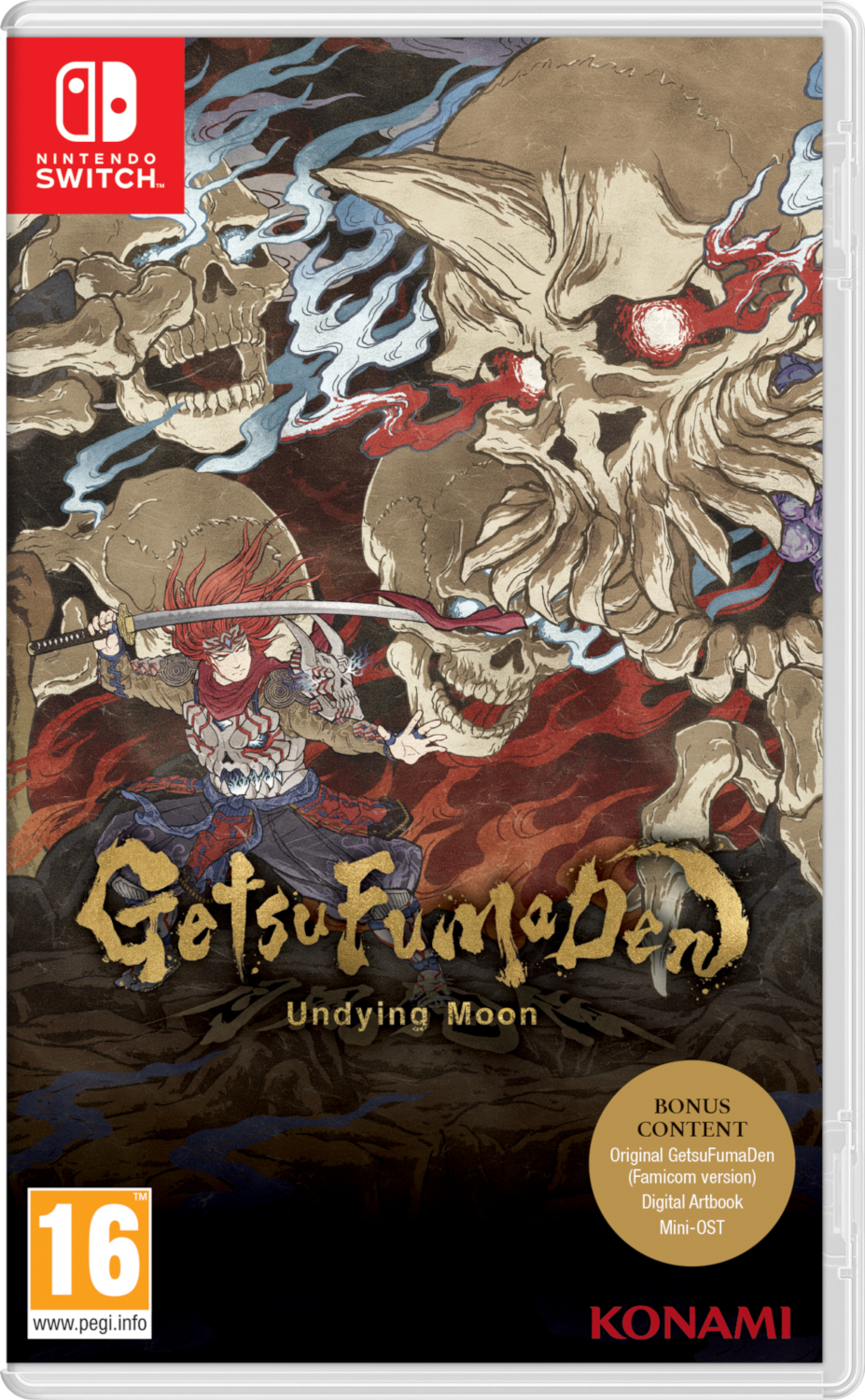 Nintendo Switch gamebox, 'GetsuFumaDen Undying Moon'. Kunst toont schedels en een krijger.