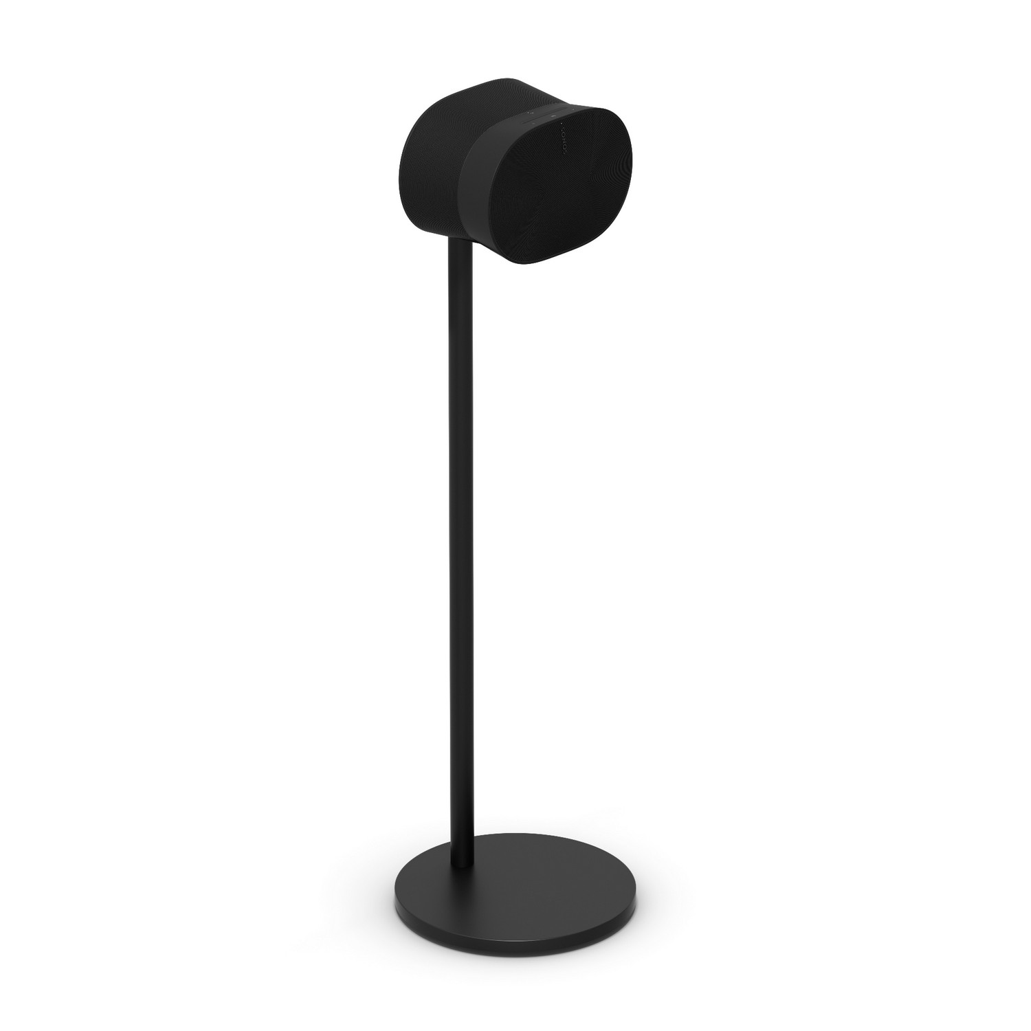 Een zwarte luidspreker op een zwarte standaard. De luidspreker heeft een rond ontwerp.