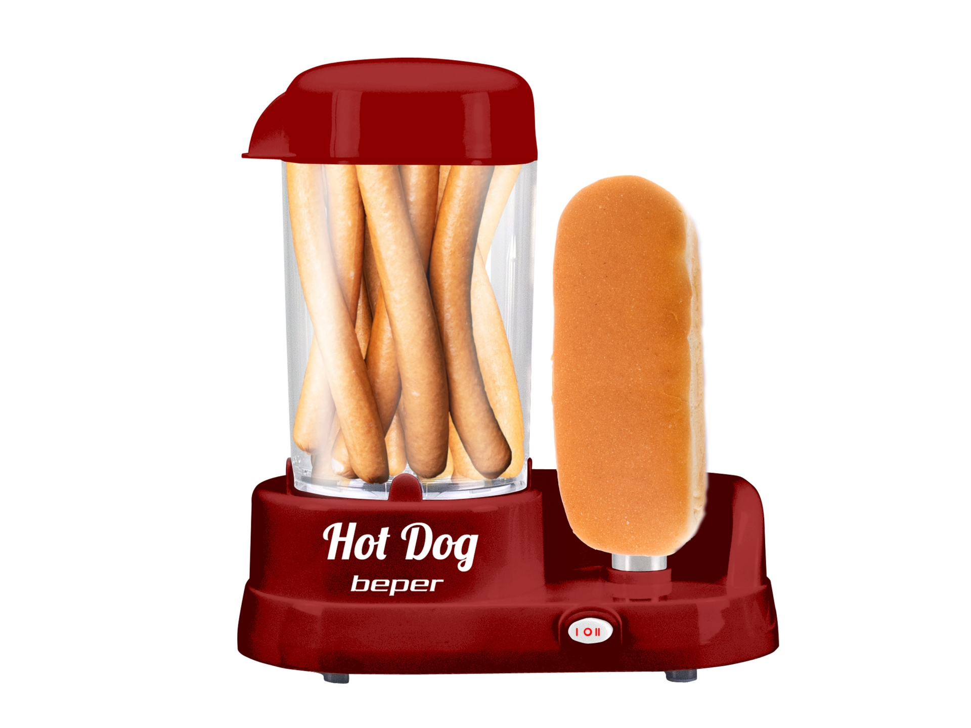 Egy piros hot dog készítő, benne hot dogokkal és zsemlével.