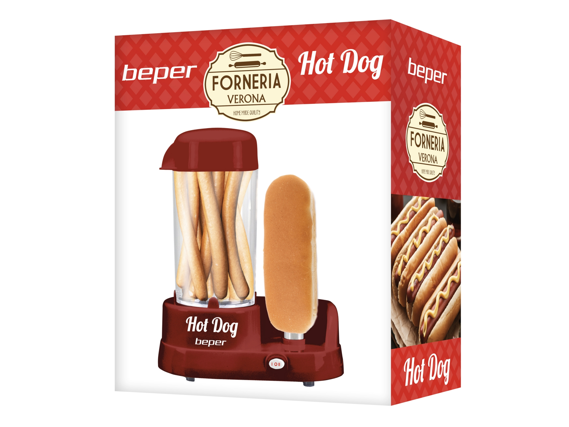Egy piros hot dog készítő doboz hot dogokkal és szöveggel.