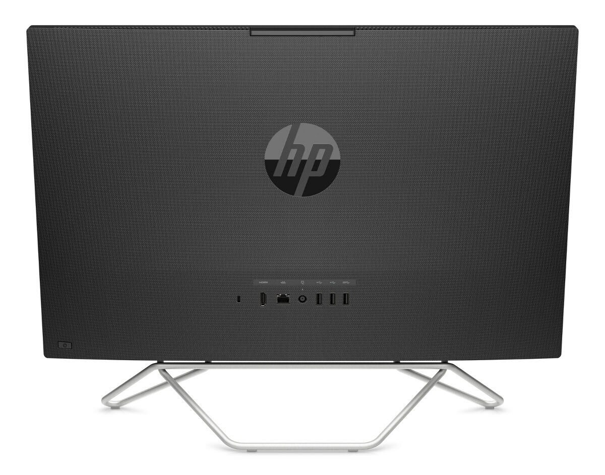 Widok z tyłu czarnego ekranu komputera HP z portami i logo na białym tle.