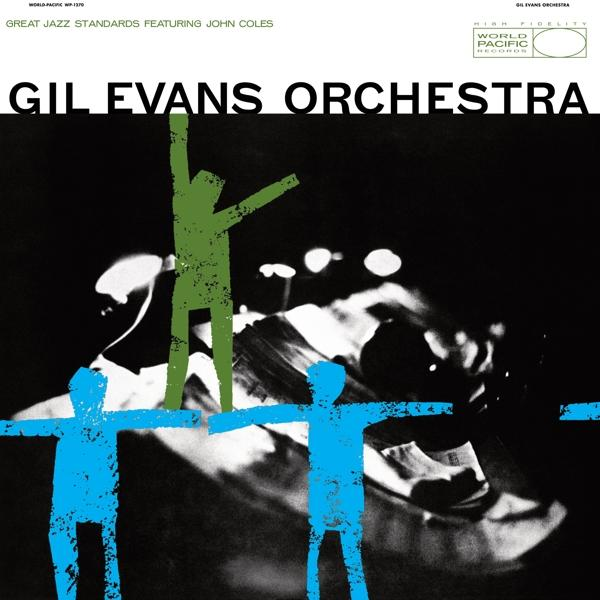 'Gil Evans Orchestra' absztrakt borítója, zöld és kék sziluett figurákkal.