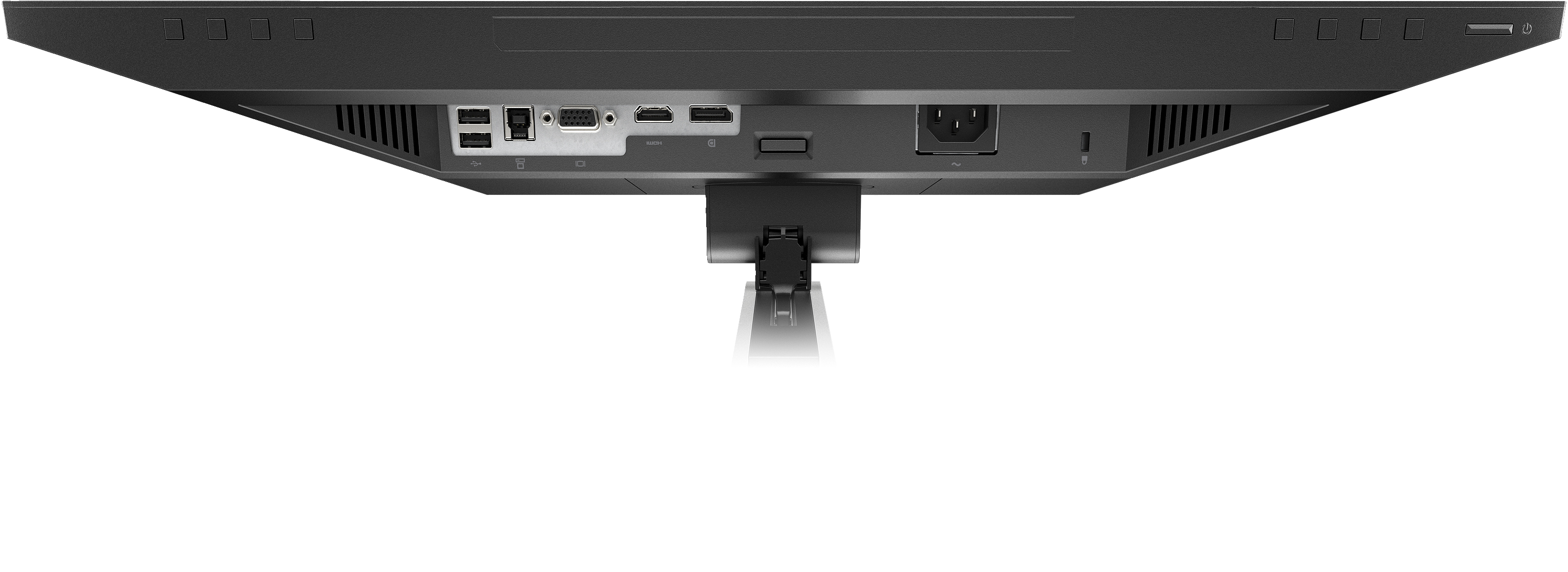 Unterseite eines schwarzen Monitors mit verschiedenen Anschlüssen und einem Ständer. Anschlüsse umfassen USB, HDMI und Strom.