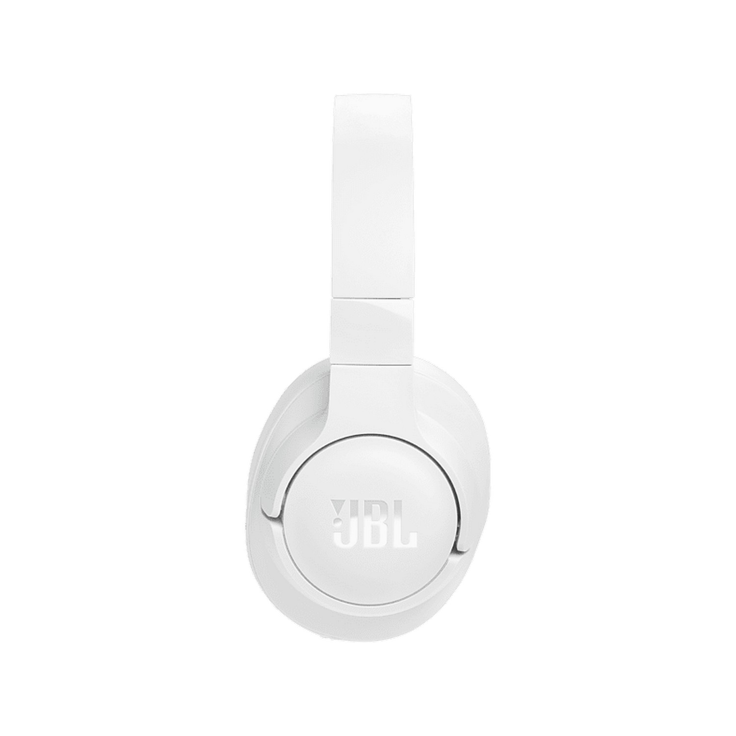 White JBL headphones, seen from the front, showing the brand's logo.