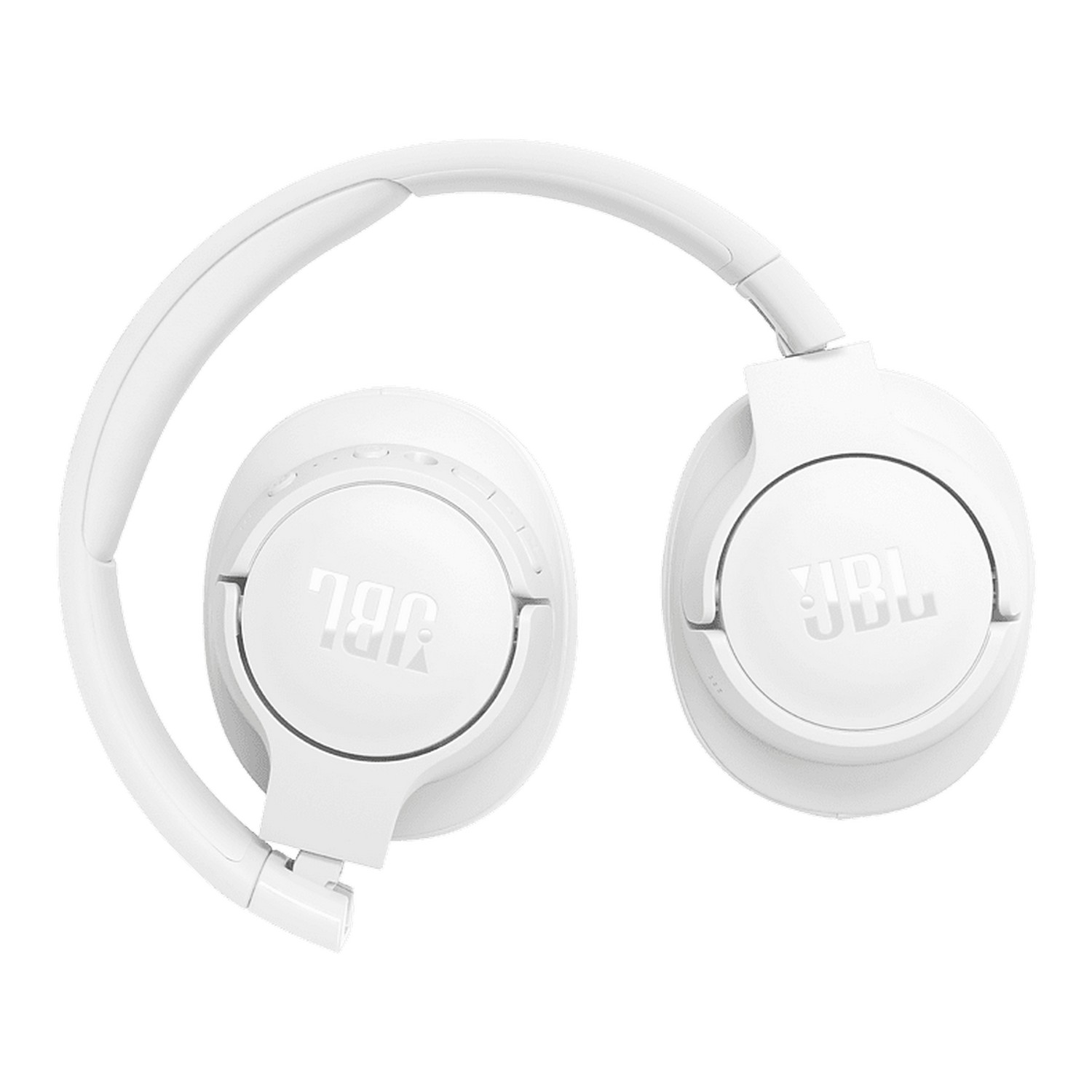White JBL headphones are open, displaying the earcups and the connected headband.