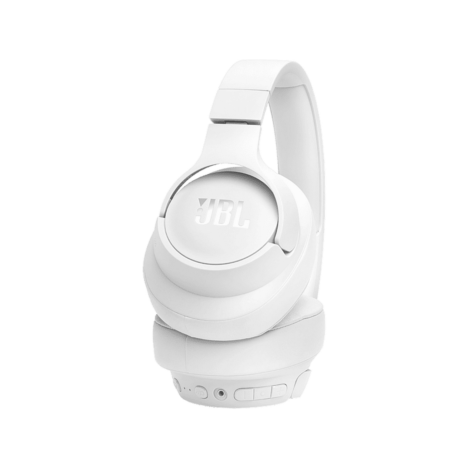 White JBL headphones isolated on a white background, with a focus on the earcups.
