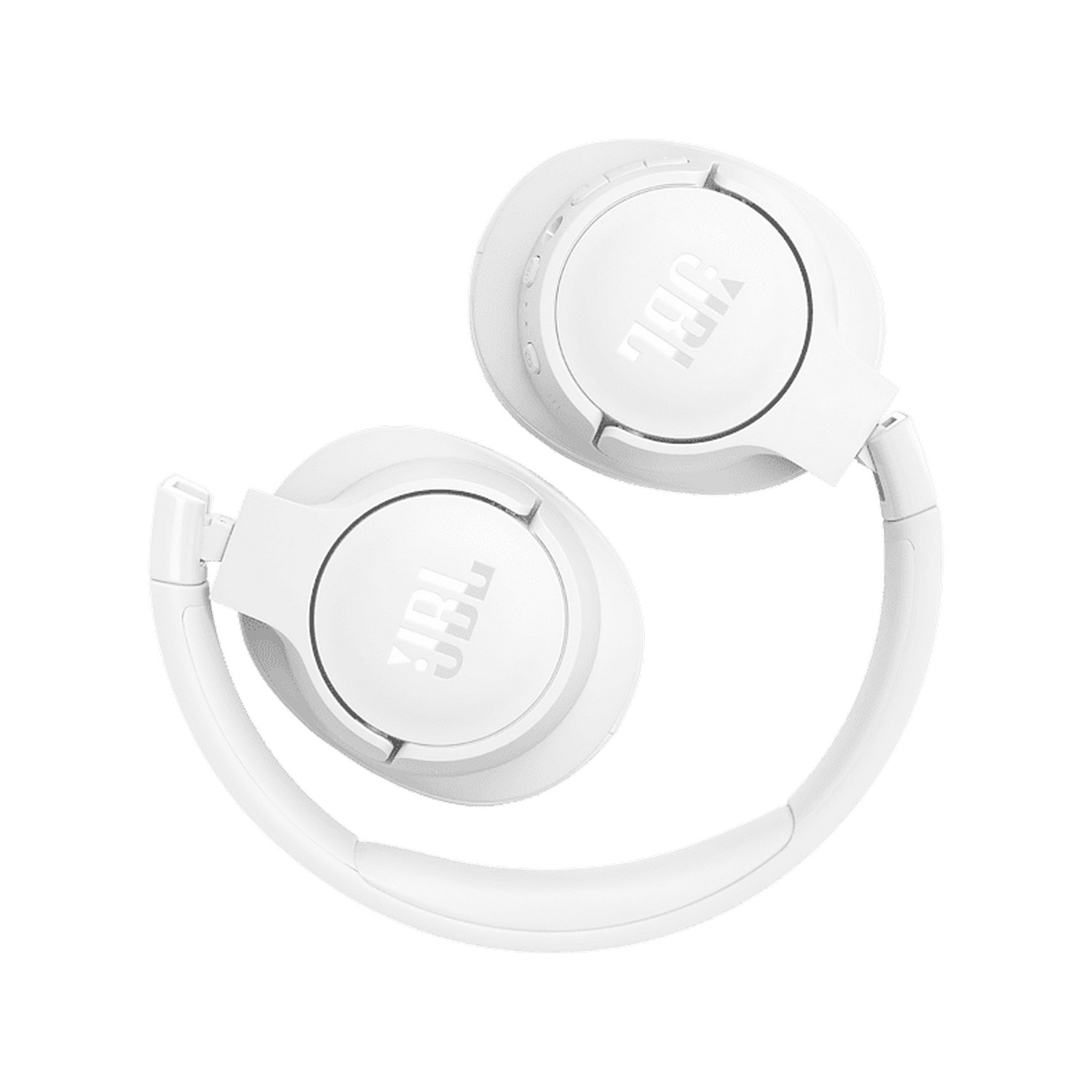 White, folded JBL headphones, seen from above, with JBL logo visible on each ear cup.