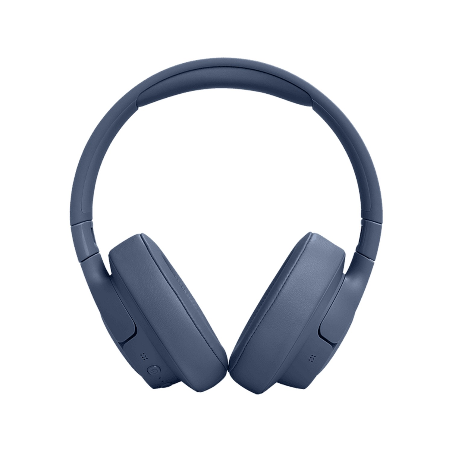 Vue de dessus d'un casque bleu sur fond blanc, avec une toile de fond blanche.