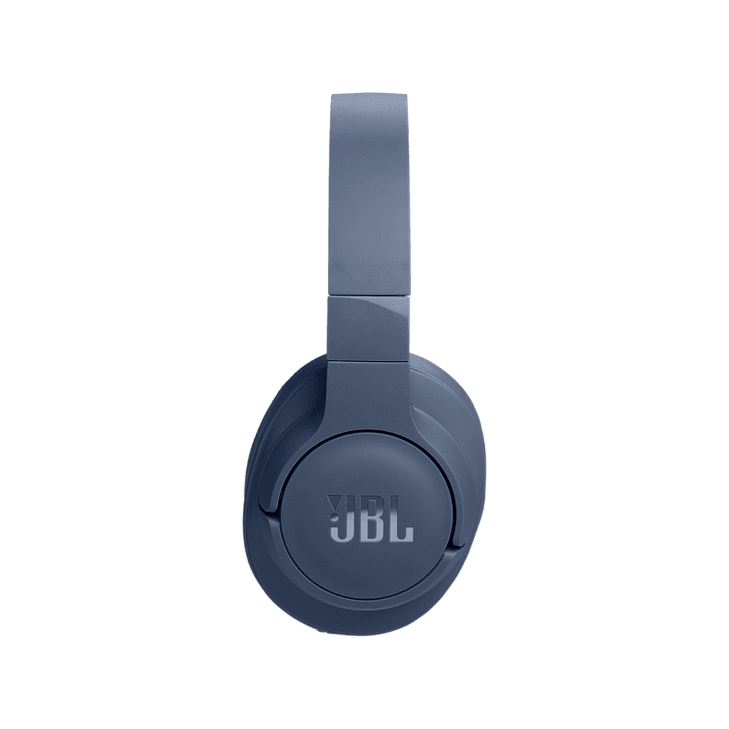 Casque JBL bleu, vue latérale, sur fond blanc. L'arceau relie les écouteurs.