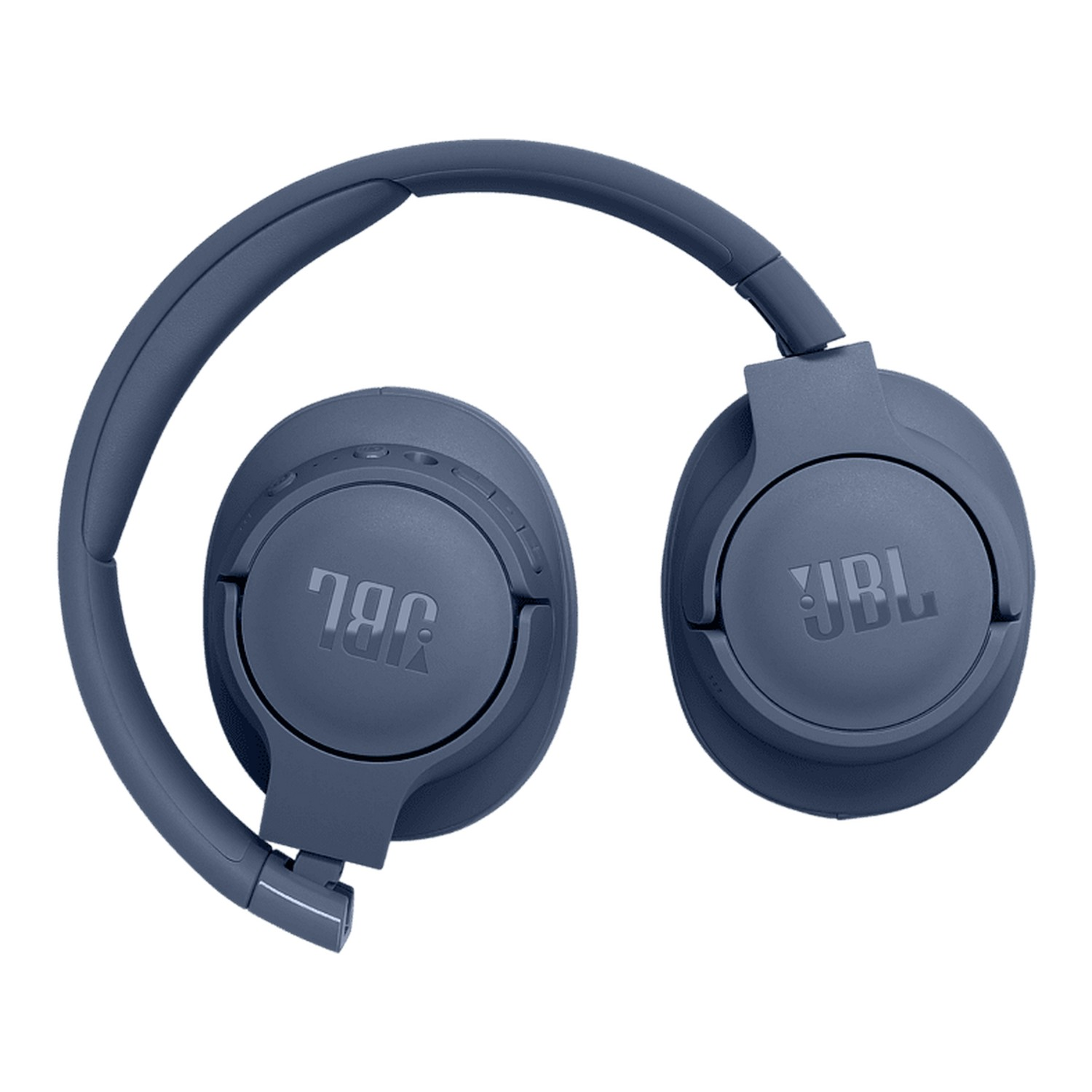 Casque JBL bleu. Les écouteurs sont repliés vers l'intérieur. Le logo JBL est visible des deux côtés.