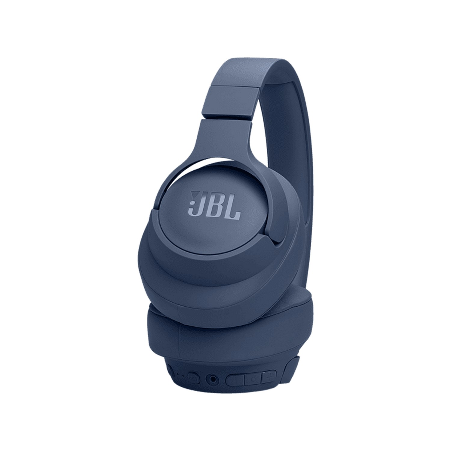 Casque JBL bleu. Les oreillettes et le bandeau sont visibles. Le logo JBL est sur l'oreillette.