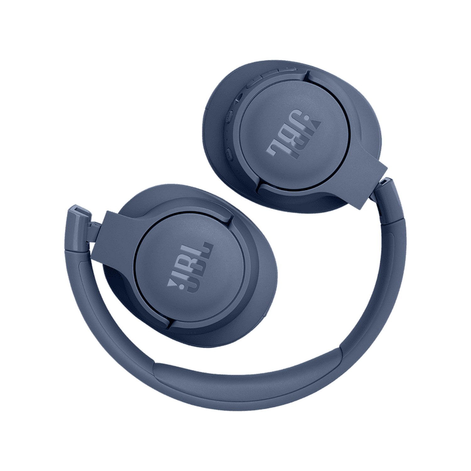 Casque JBL bleu plié. Fond blanc.