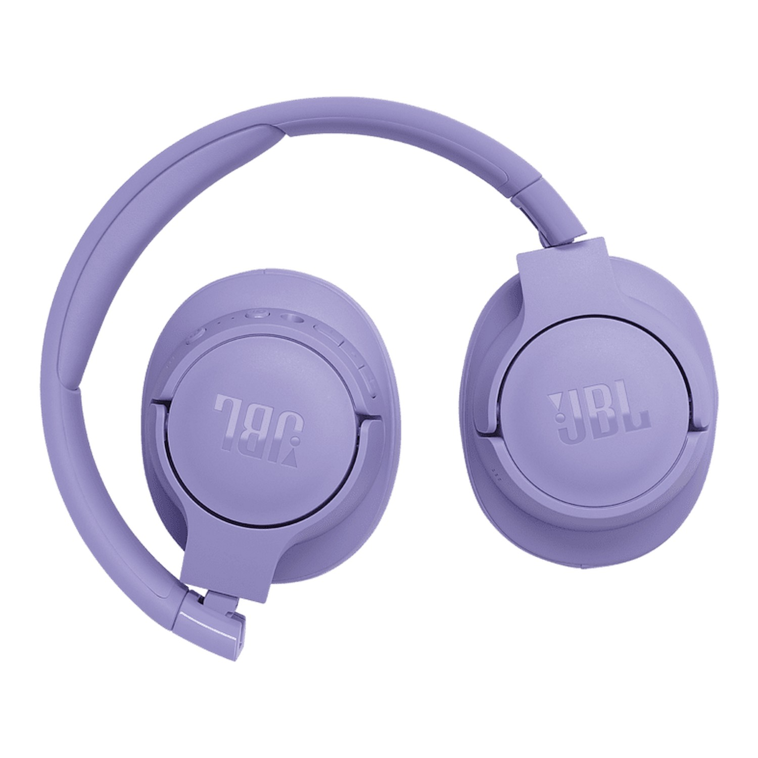 Une paire d'écouteurs JBL lavande, pliés, sur fond blanc.