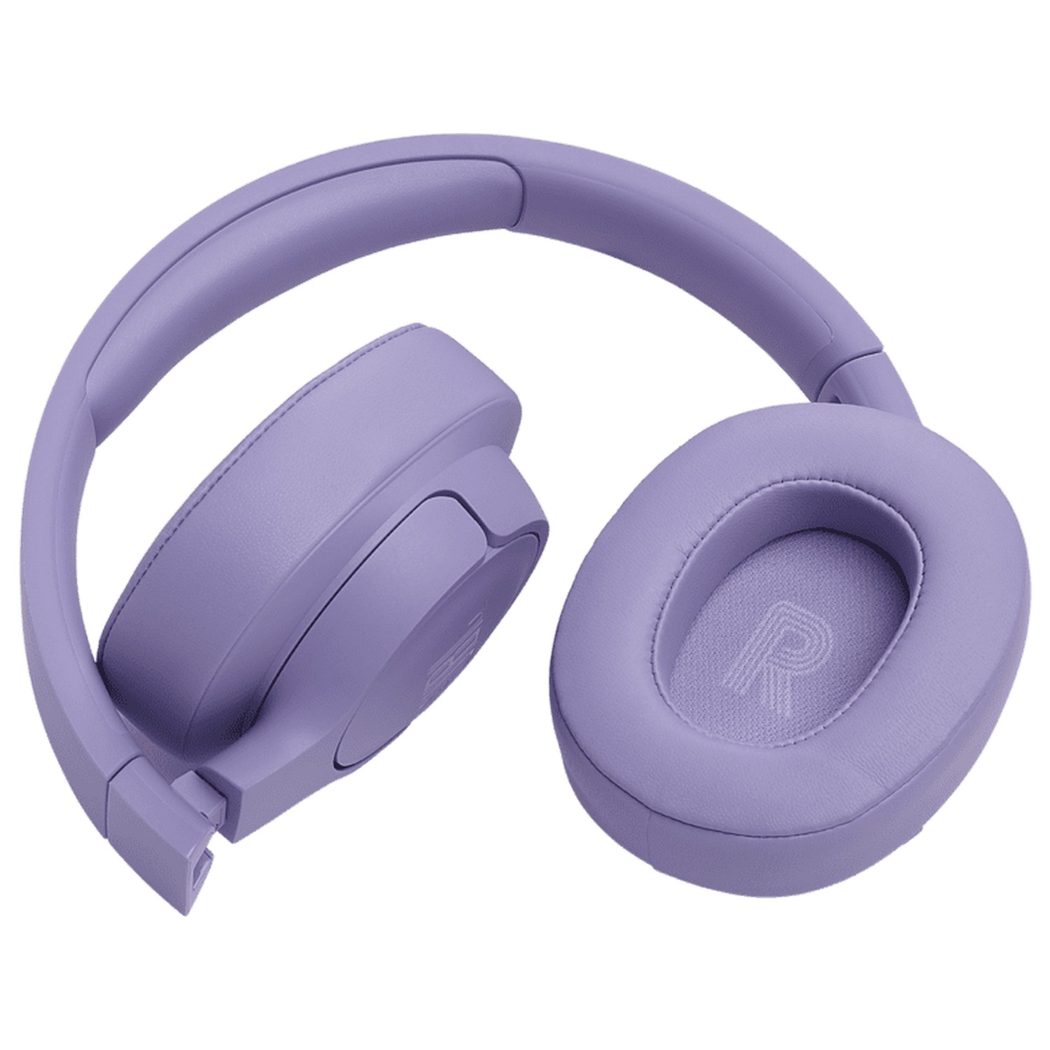 Casque violet, partiellement plié, sur une surface blanche.