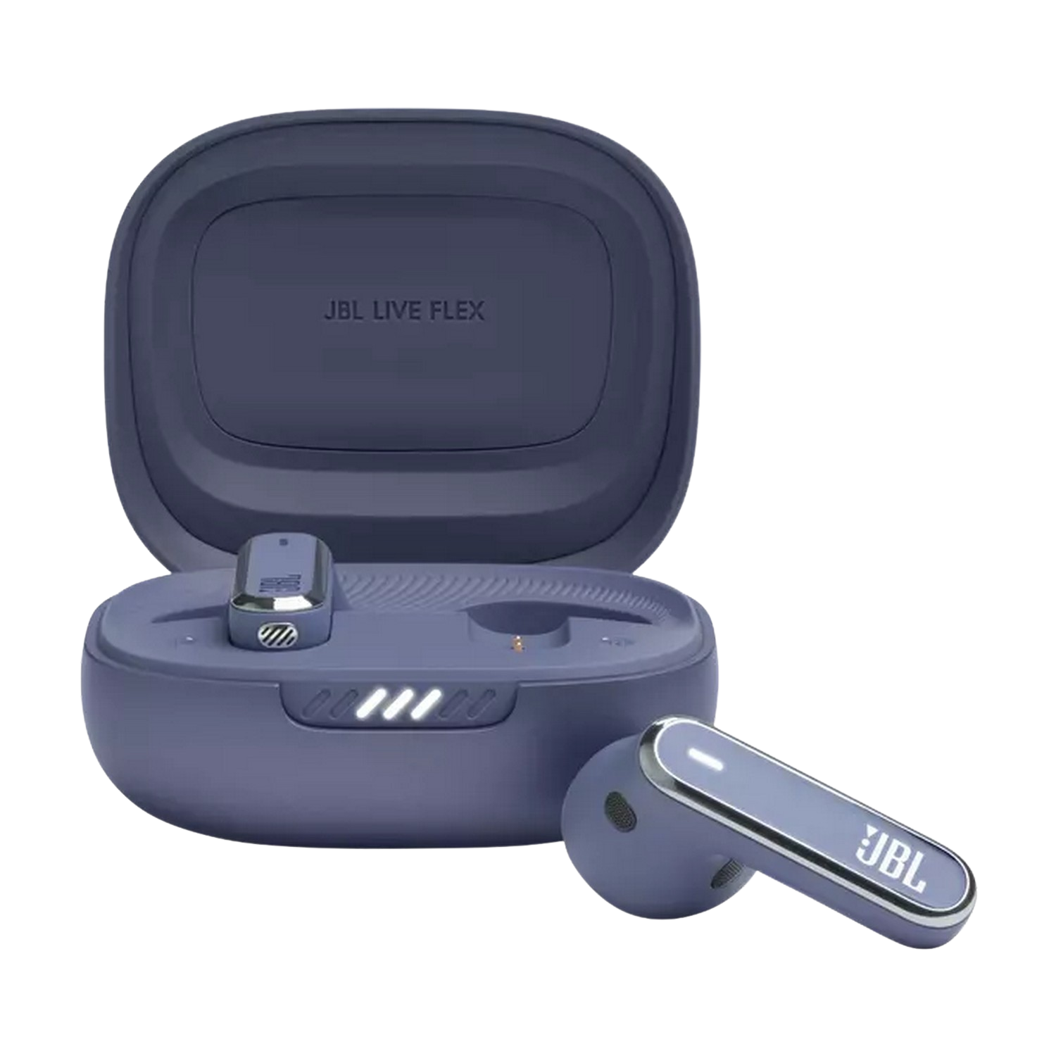 JBL Live Flex oordopjes in een oplaadcase. De case en oordopjes zijn paars.