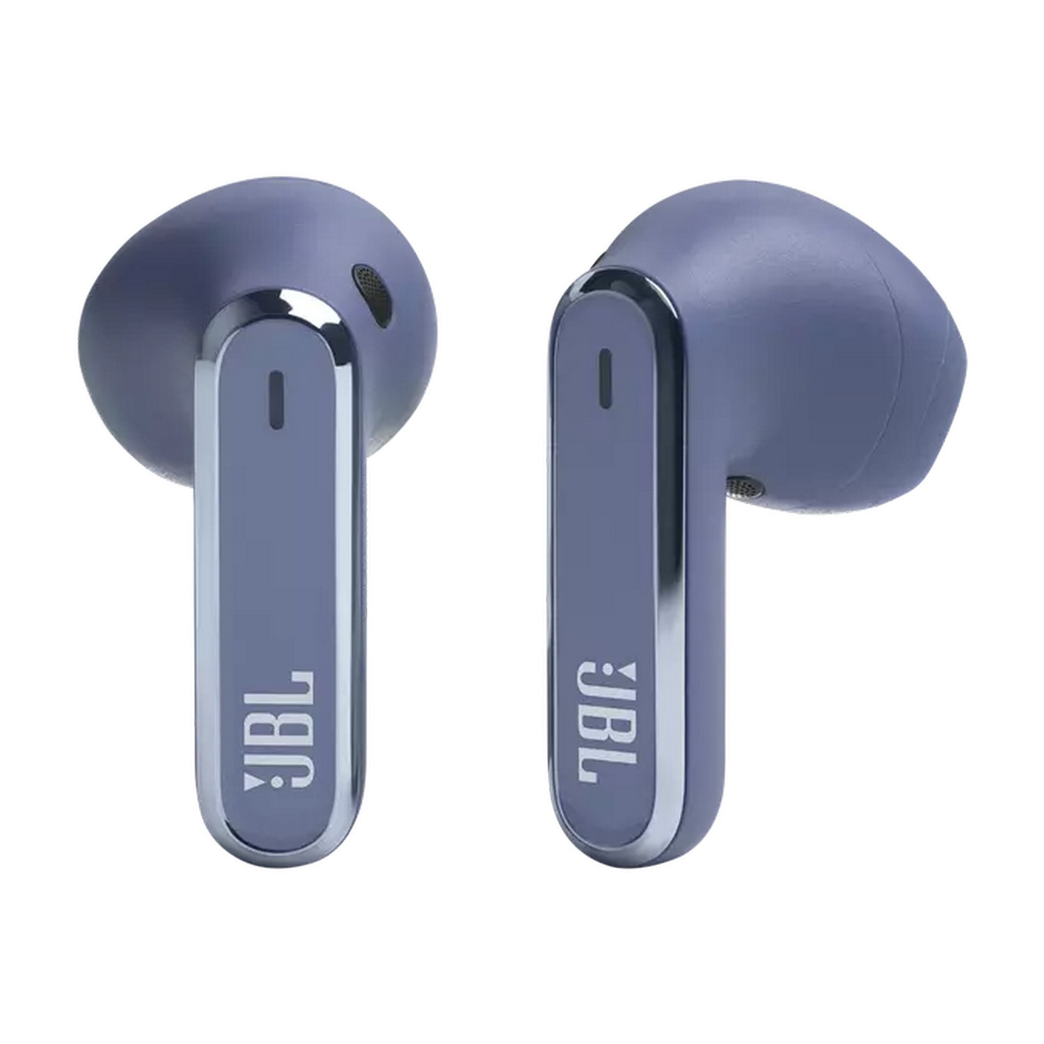 Paar paarse JBL oordopjes. Zilveren accenten en het JBL logo zijn zichtbaar.