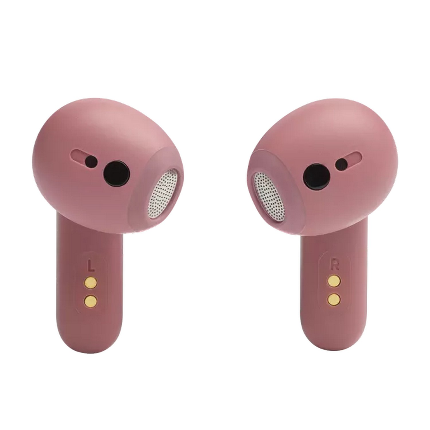Deux écouteurs JBL roses. Chacun a un haut-parleur et un contact de charge.