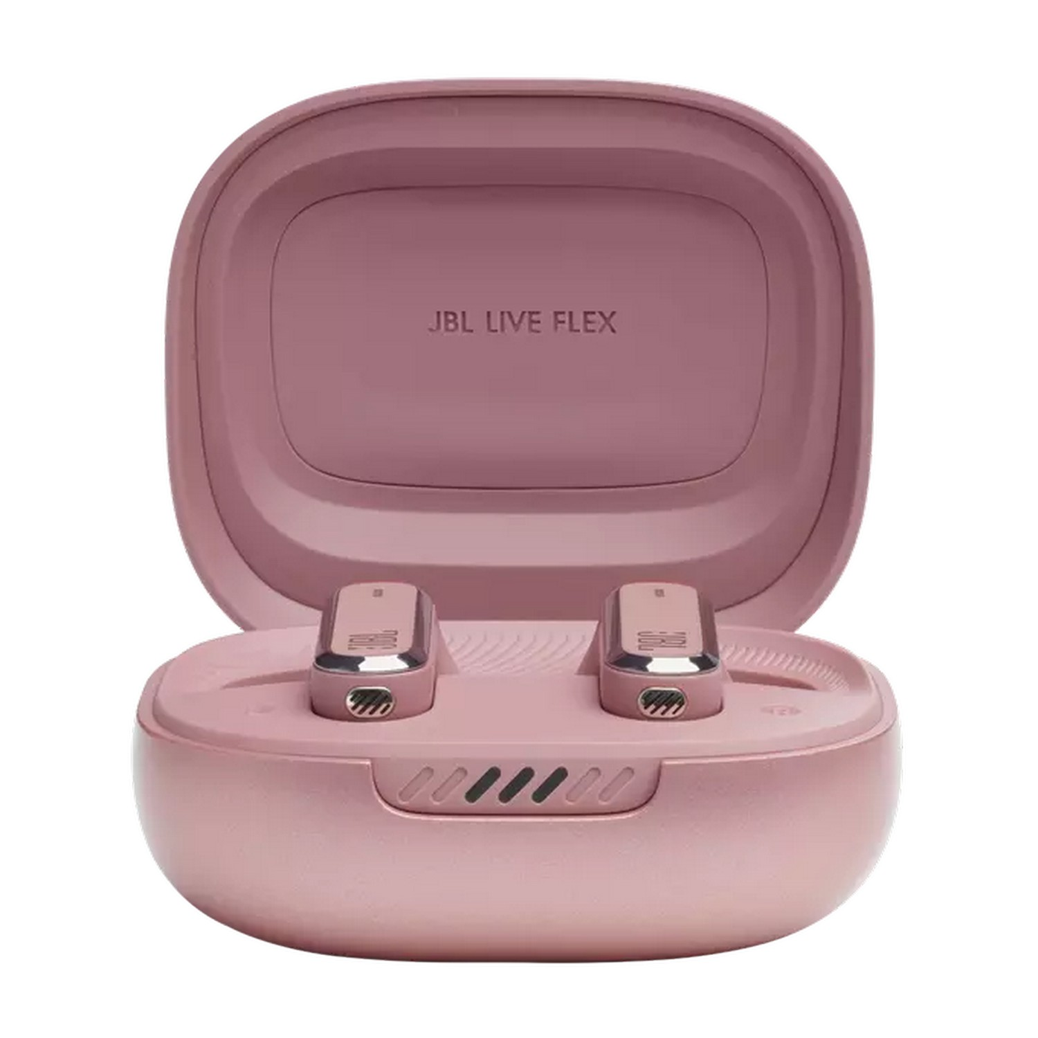 Écouteurs JBL roses dans un étui de chargement rose ouvert, avec le nom de la marque.