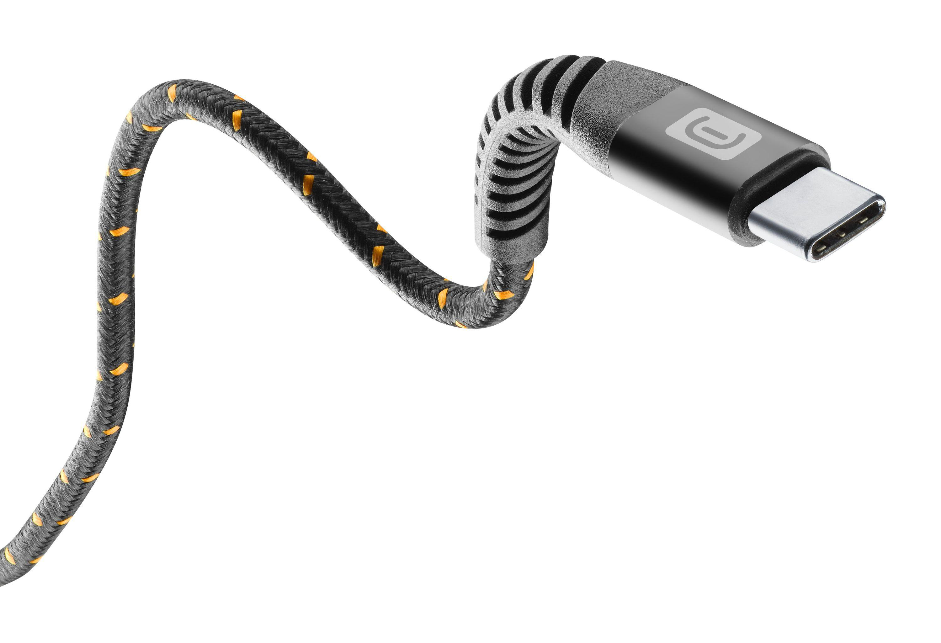 Ein schwarzes und gelbes USB-C-Kabel, gewendelt, mit Metallstecker auf weißem Hintergrund.