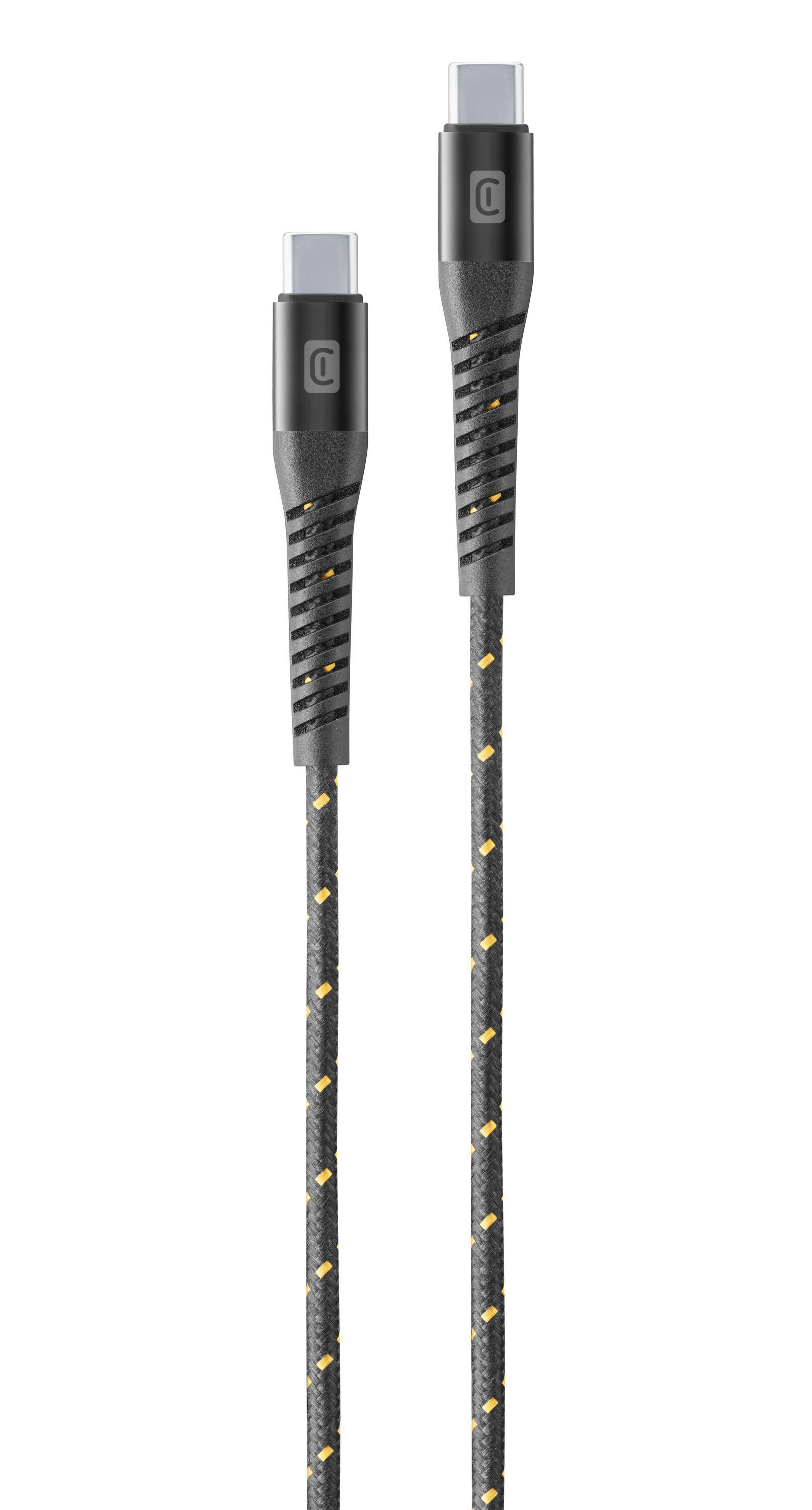 Zwei schwarze USB-C-Kabel mit gelb-schwarzem Design auf weißem Hintergrund.