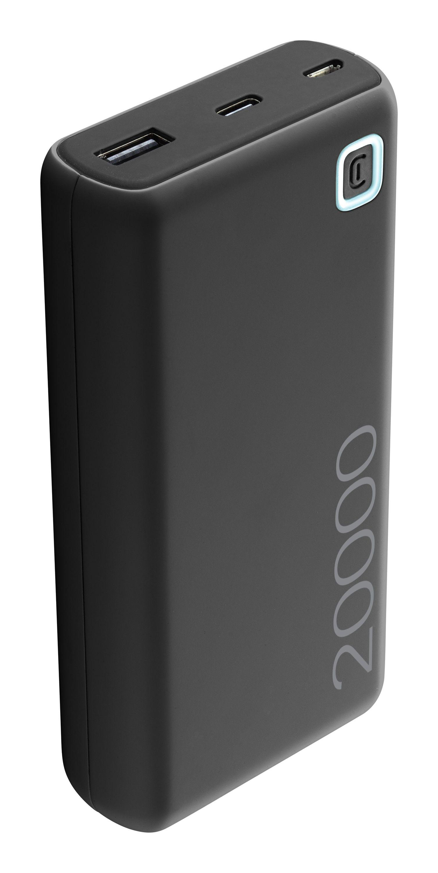 Schwarze Powerbank mit USB- und USB-C-Anschlüssen und der Zahl '20000' in Weiß auf der Seite.