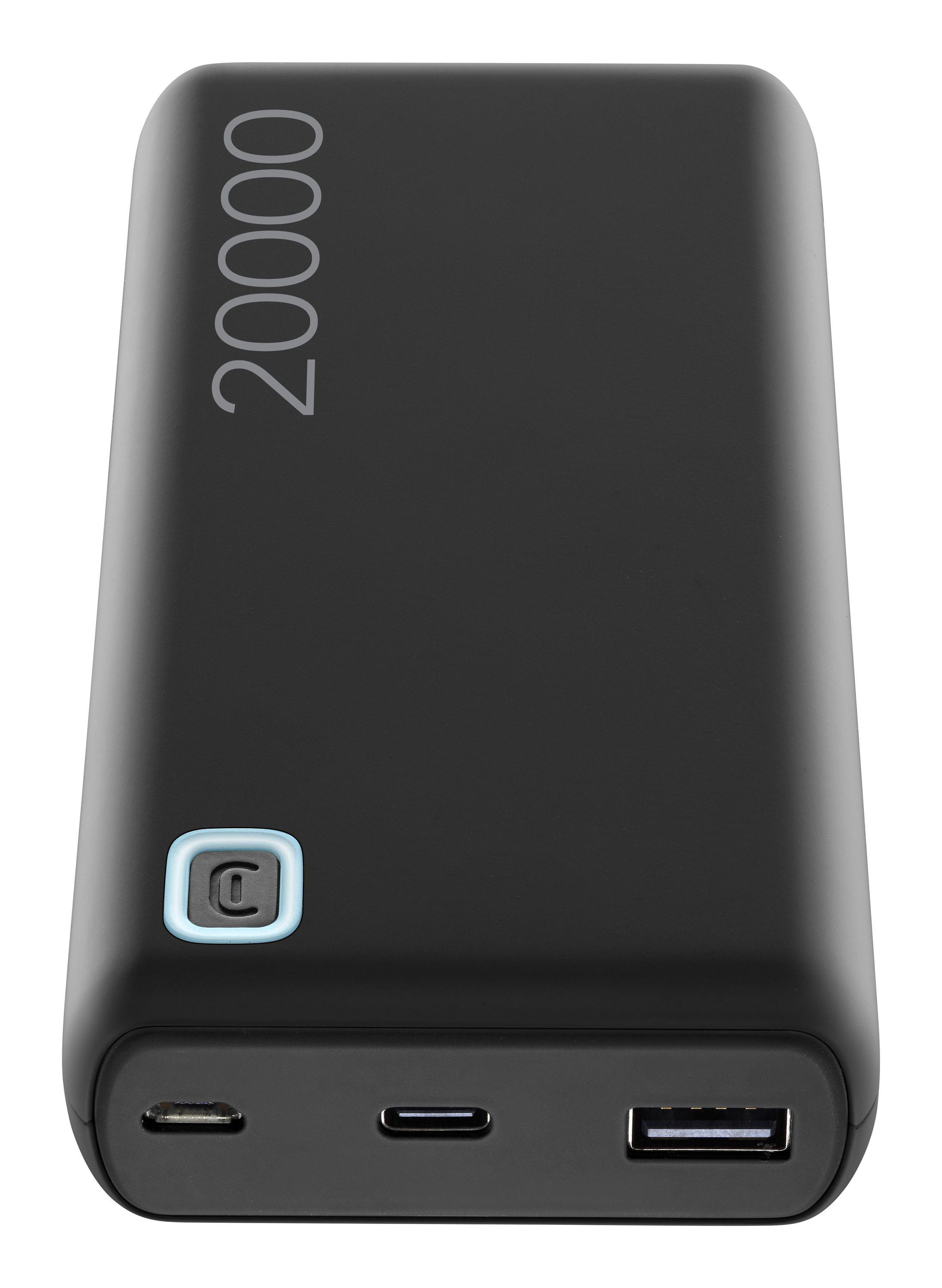 Schwarze Powerbank mit '20000' darauf und dem Buchstaben 'C' in einem blauen Kreis. USB-Anschlüsse unten.