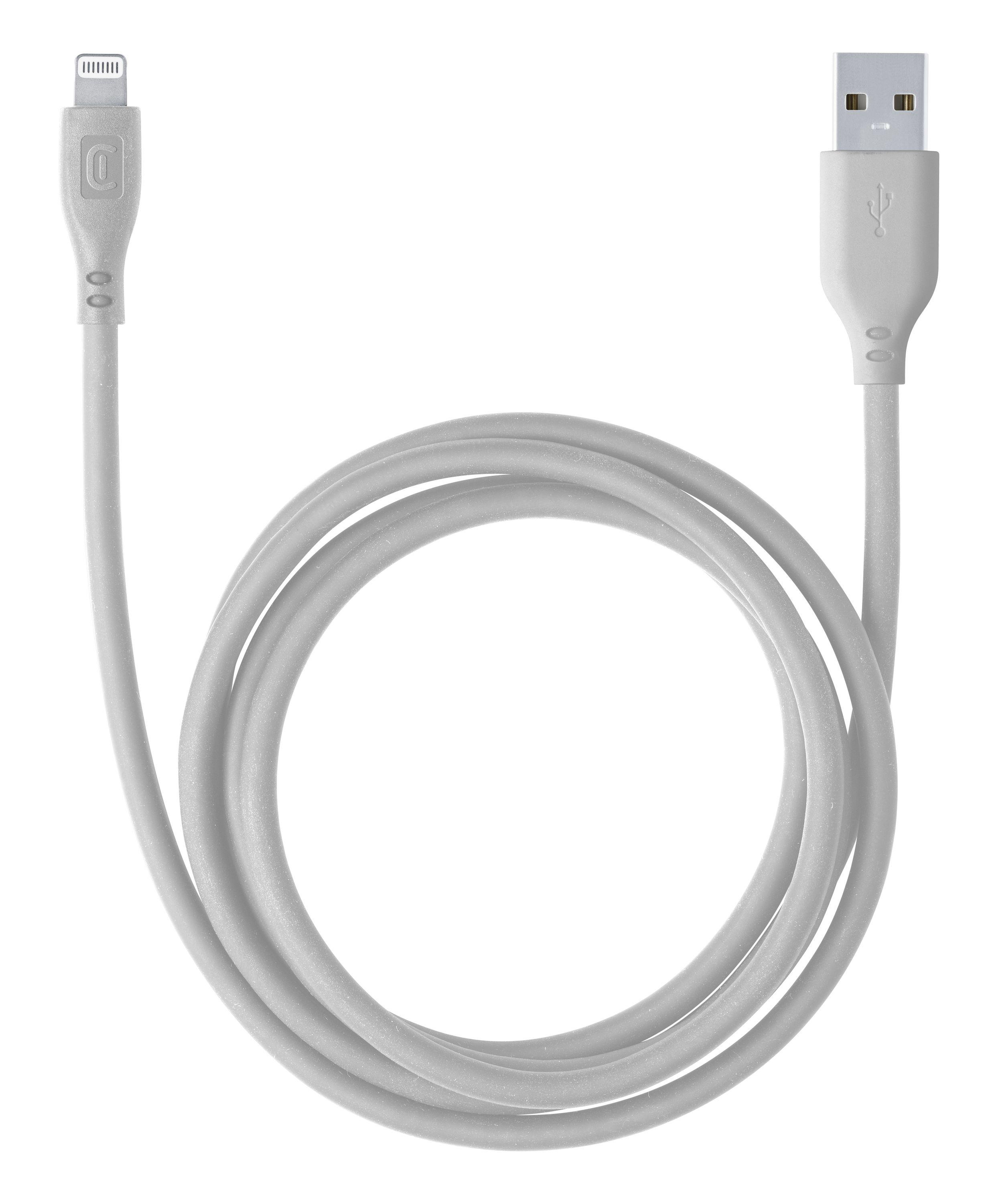 Weißes Ladekabel mit Lightning- und USB-Anschlüssen, auf einer weißen Oberfläche aufgerollt.