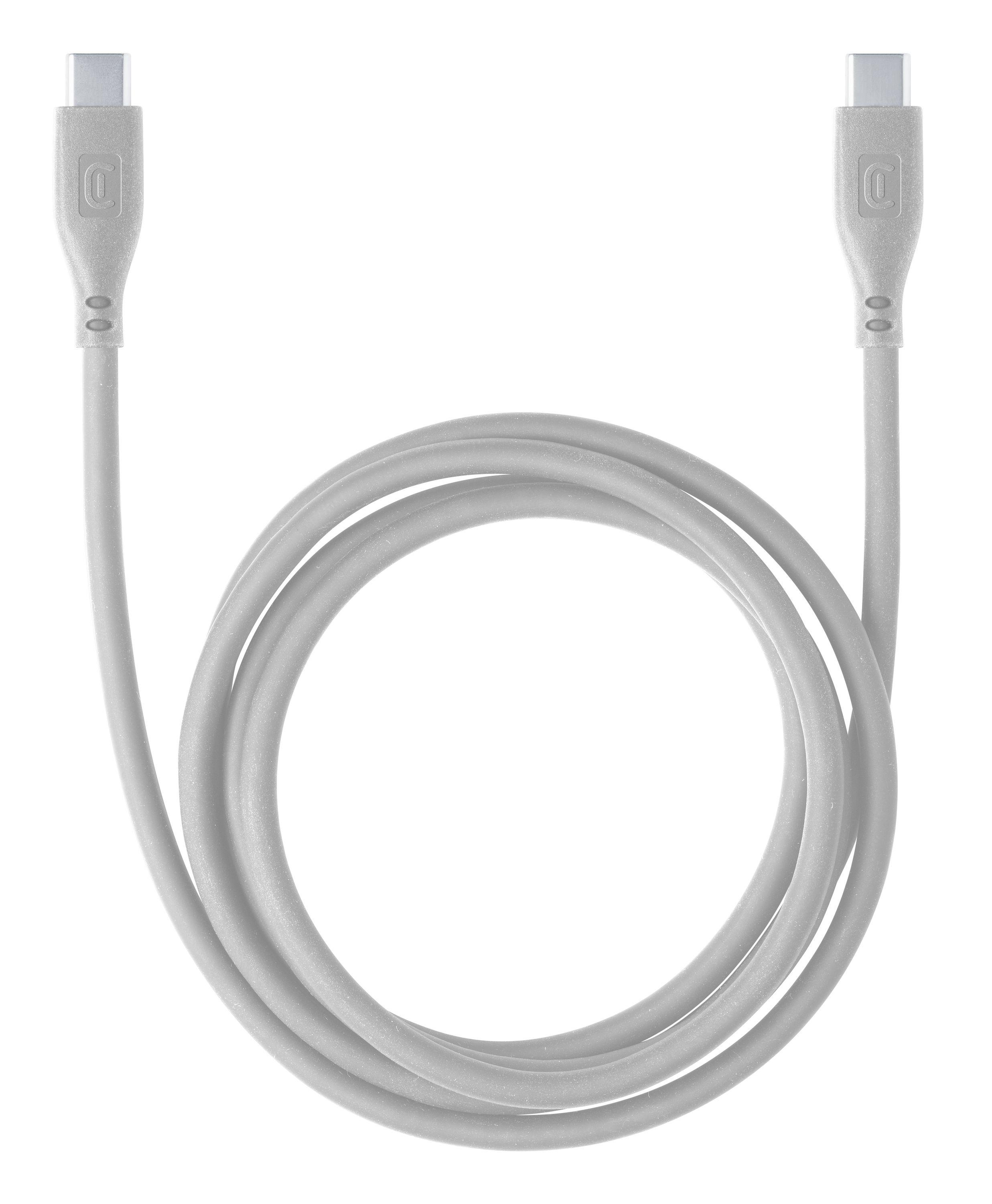 Ein weißes USB-C-Kabel, in einer Schleife aufgerollt, mit Anschlüssen an jedem Ende.