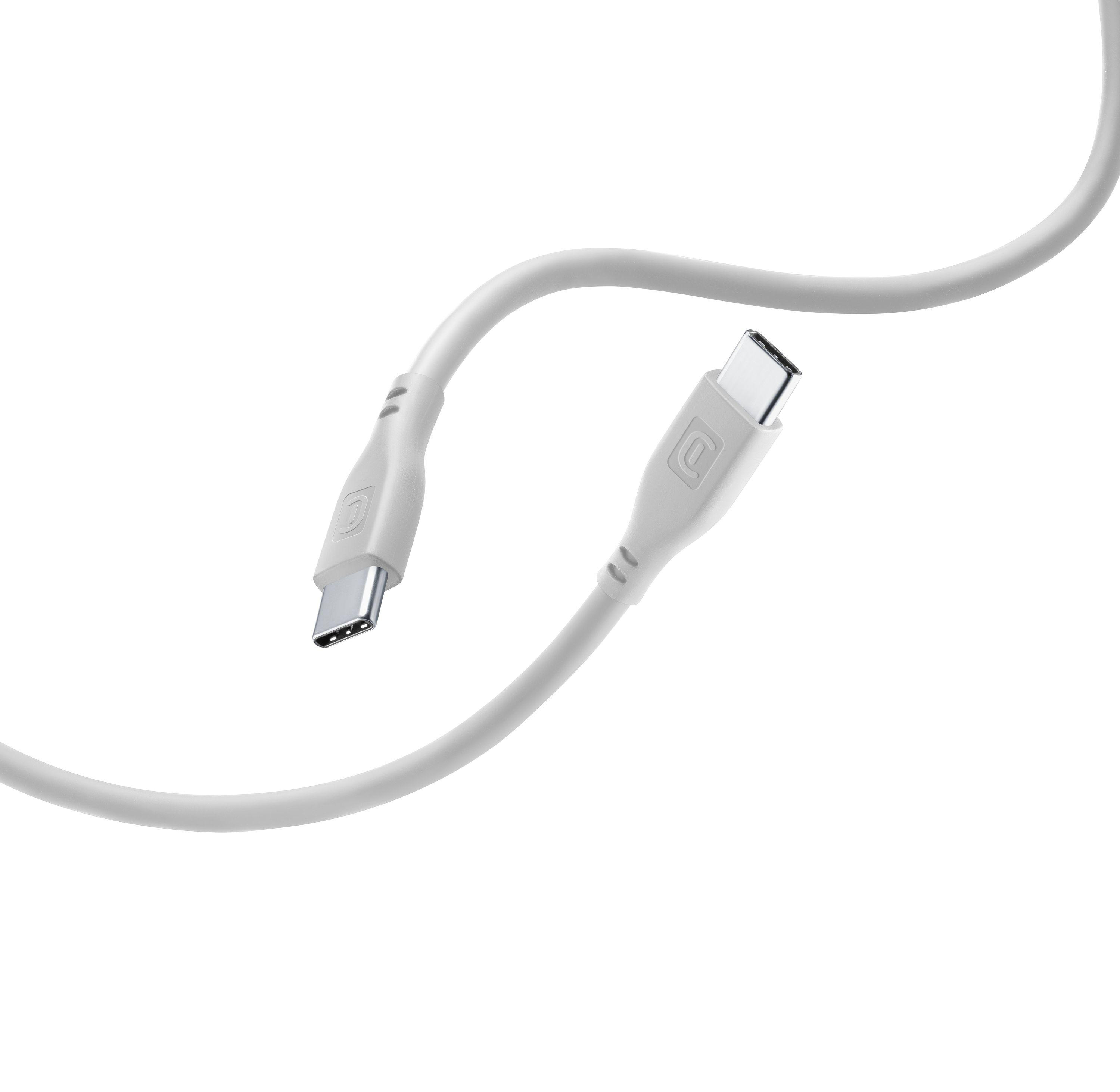 Zwei weiße USB-C-Kabel, beide mit Steckern, eines an jedem Ende, auf weißem Hintergrund.