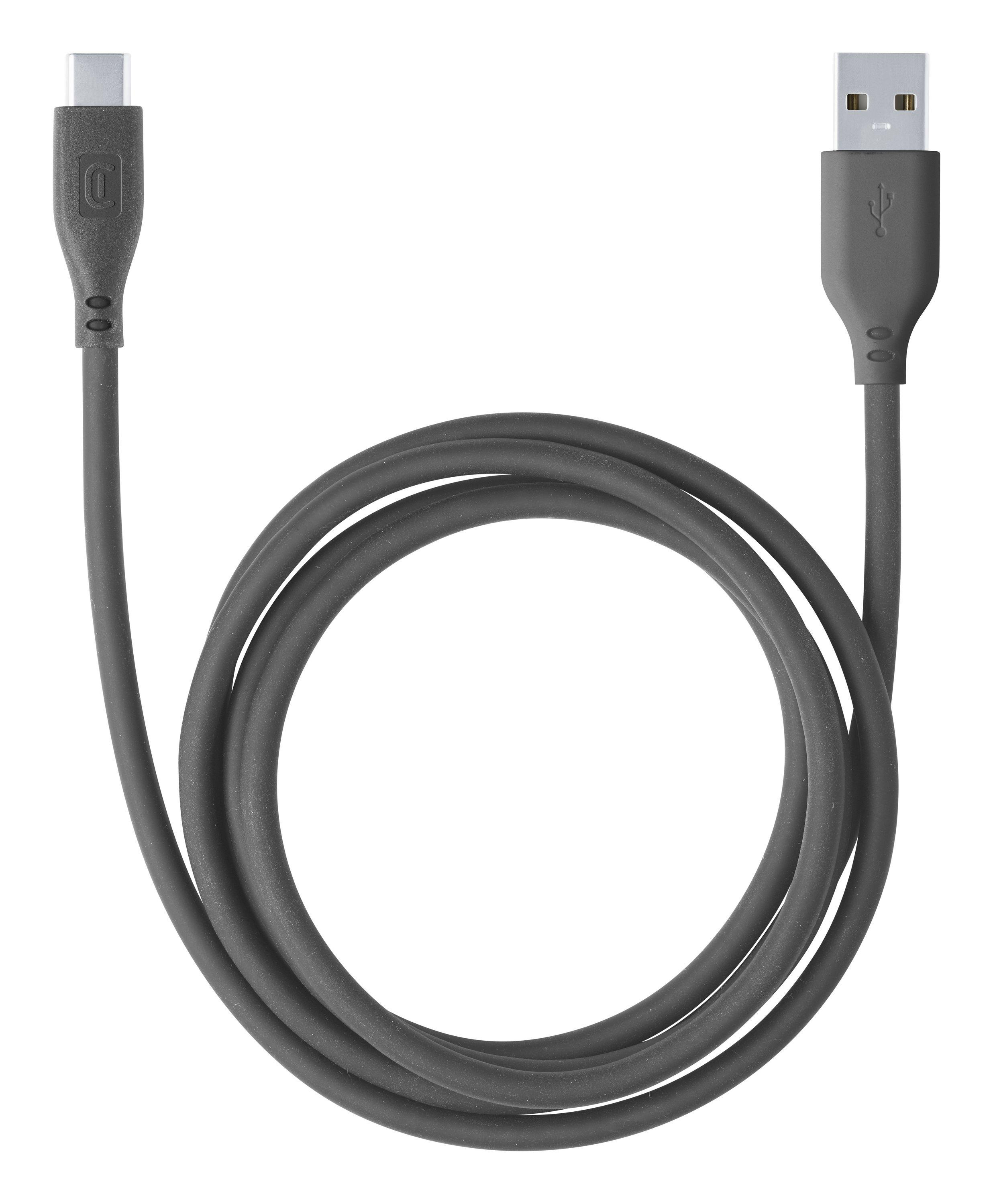 Graues USB-C-zu-USB-A-Kabel auf weißem Hintergrund aufgerollt.